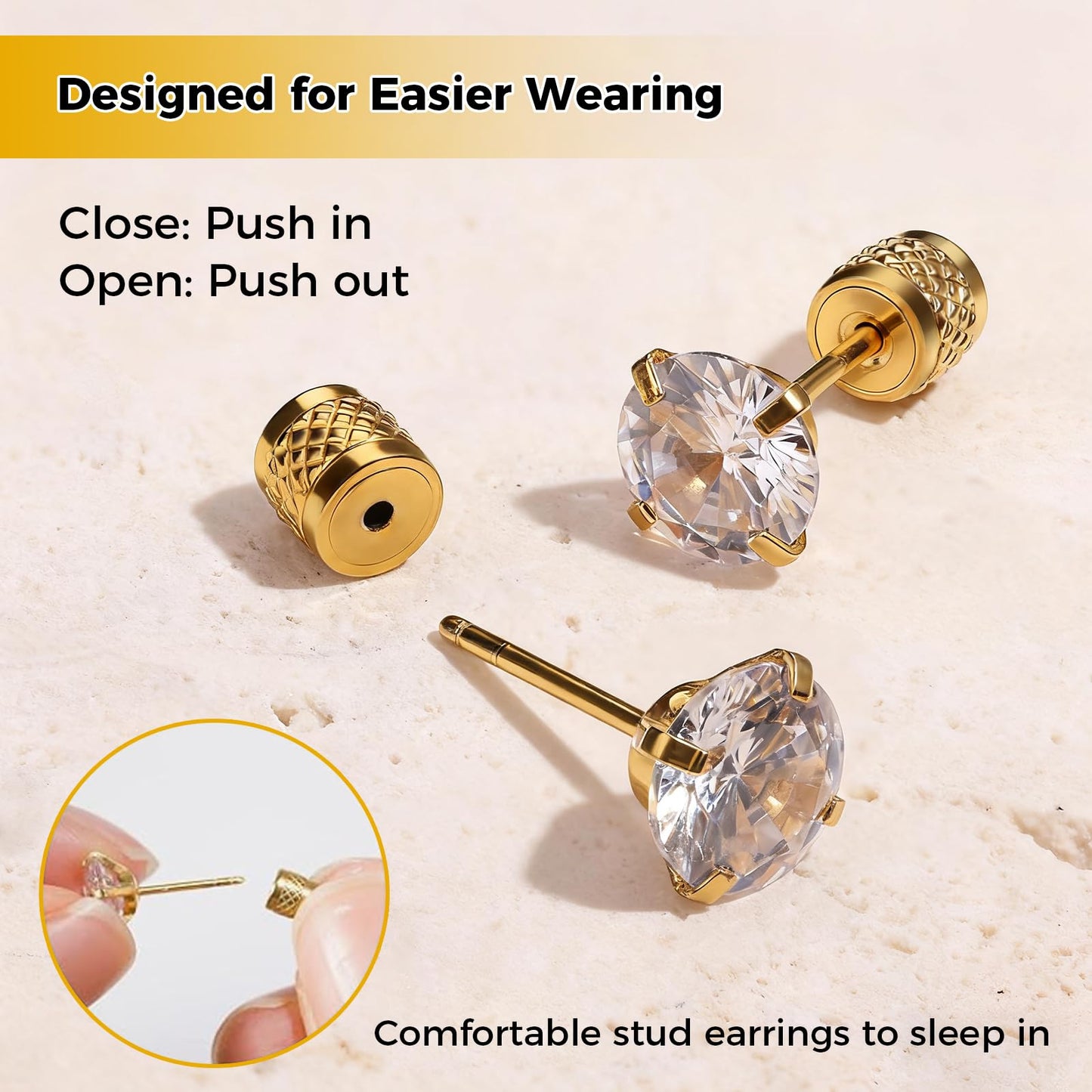 Hypoallergenic Threadless Flat Back Earrings,1 Pairs Cartilage Stud for Women Men Titanium Post 20G None Screw Easy Push in Gold Black Stainless Steel Flatback with CZ 3-7mm (Gold+Clear CZ, 6mm)