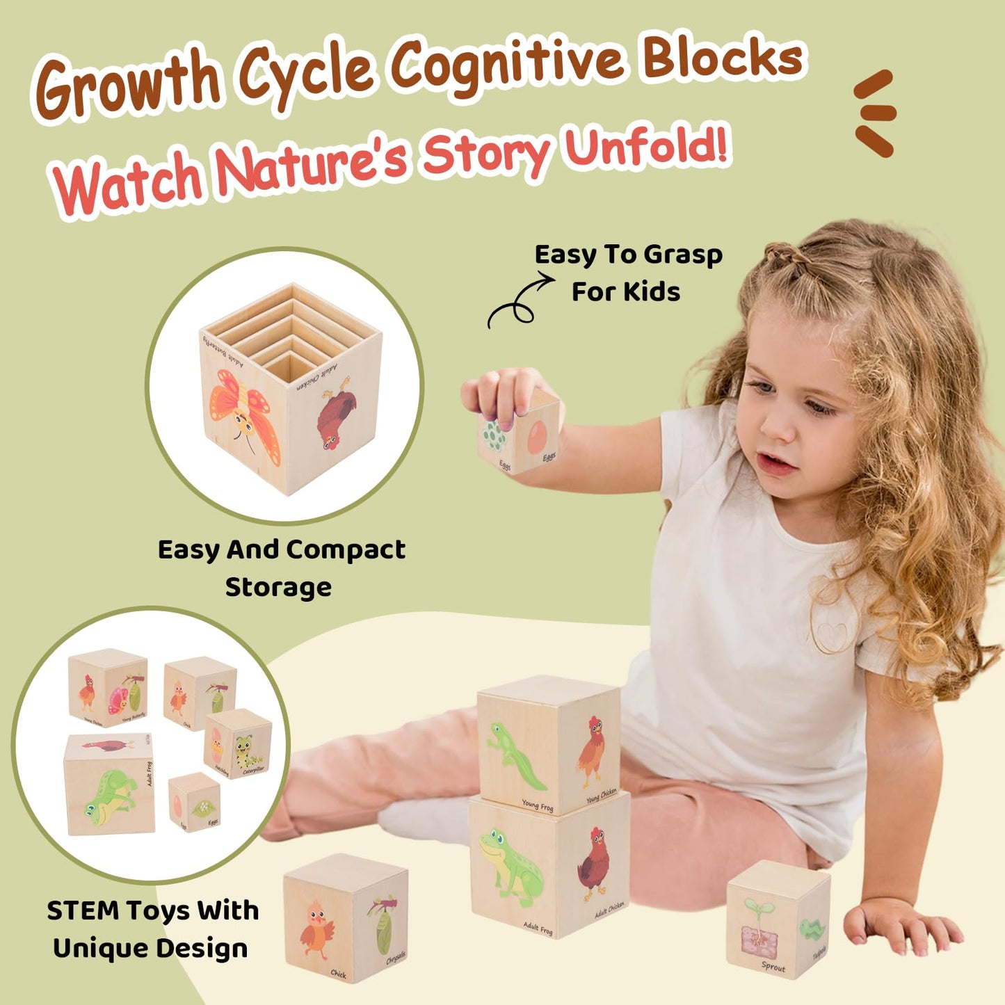 Wooden Life Cycle Nesting Blocks, Sorting & Stacking Montessori Toys for Kids, Preschool Educational Learning Cube Boxes for Toddlers 3+, Science Toy Set for Baby Boys & Girls (5 Pcs)