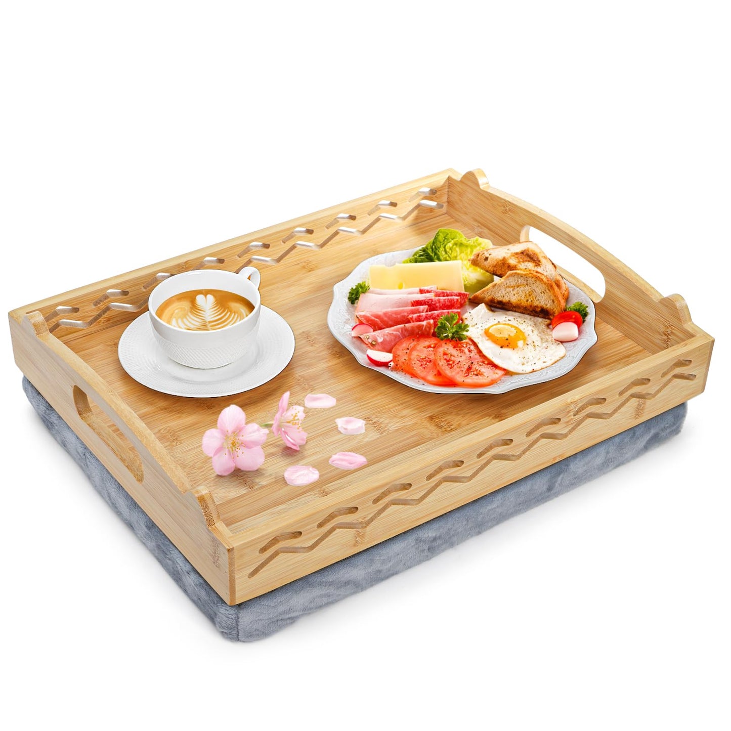 Okllen Bamboo Lap Tray with Detachable Cushion & Handles, 16"x12.2" Breakfast Bed Tray for Eating, Recliner/Sofa/Bed, Housewarming Gift