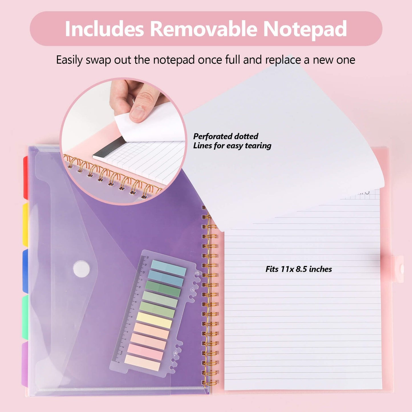Clipboard Folio with Notepad, Multifunctional Clipboard Folder with Storage, 5 Folders with 11 Pockets, Waterproof Organizer with Refillable Notepad 40 Pages, Lightweight, Button Closure (Macron Pink)