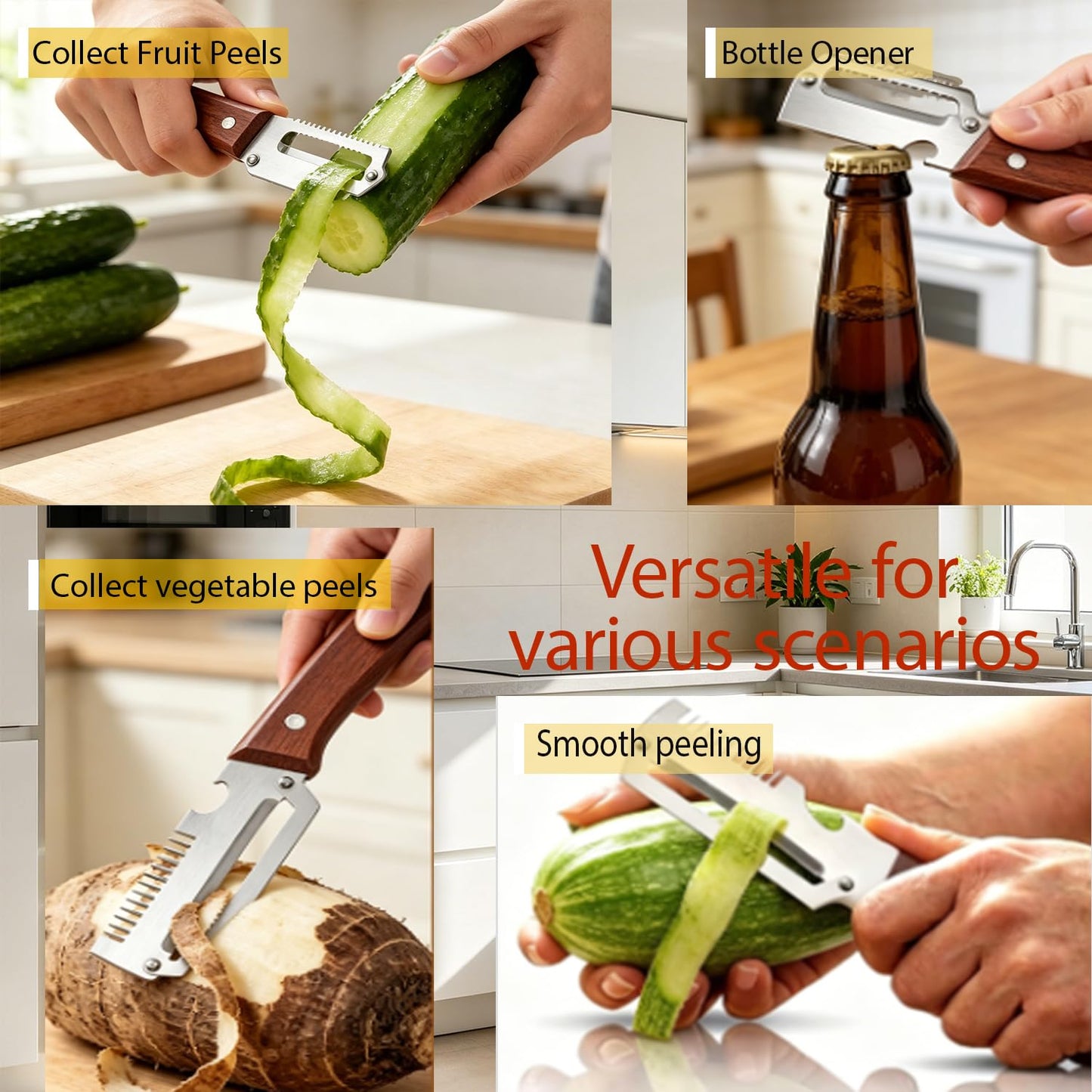 Multi-Functional Vegetable Peeler with Wooden Handle,3-in-1 Stainless Steel Stainless Steel Veggie Cutter with Bottle Opener,Kitchen Tool for Fruit Veggie Pumpkin That Need to Be Peeled(2PCS)