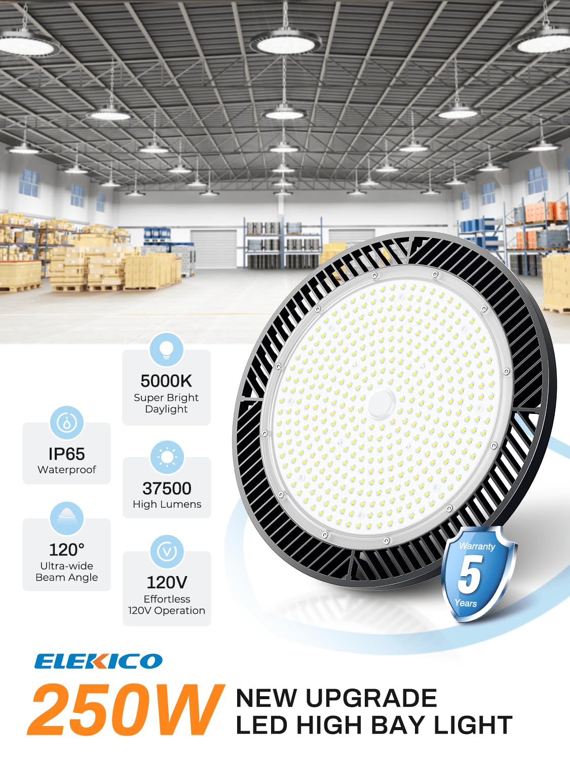 ELEKICO Super Bright 250w UFO LED High Bay Light 35000lm with Plug 5ft Cable (Eqv.1000w Mh/Hps/Hid),5000k High Bay Led Shop Lights Garage Lighting for Garage Factory Workshop Warehouse Barn -6pack