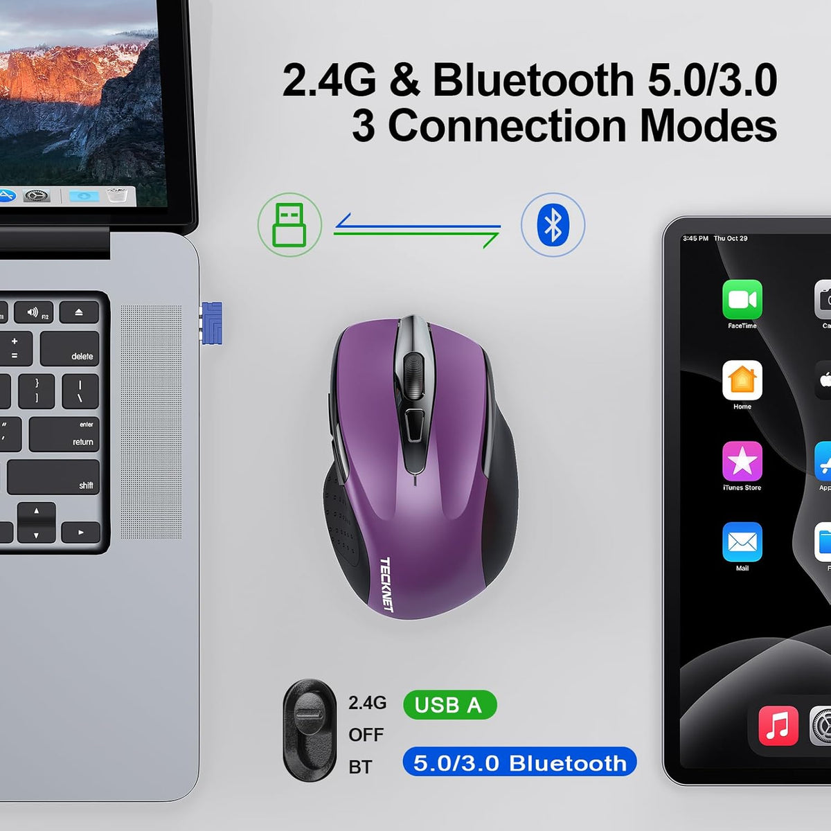 TECKNET Wireless Mouse (2.4G & BT5.0/3.0) Silent 4800 DPI Computer USB A & Bluetooth Mouse 6 Buttons, Wide Compatibility - Purple
