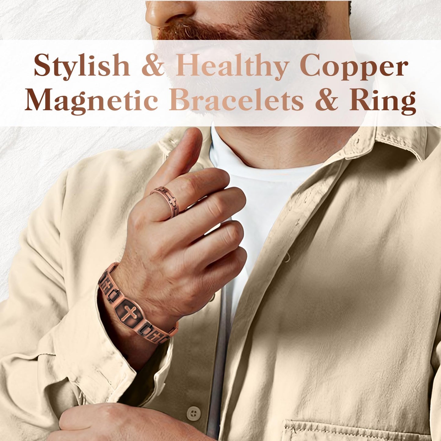 Mahnco Copper Bracelet for Men Ultra Strength Magnets Cross Bracelets for Men Pure Copper Magnetic Bracelet & Ring, Jewelry Gift with Sizing Tool