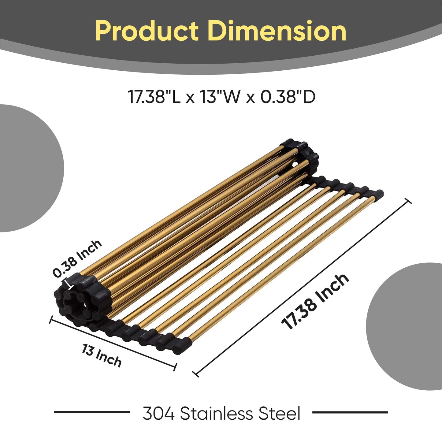 Strictly Sinks Stainless Steel Roll Up Dish Drying Rack – Gold 17 Inch Over The Sink Drying Rack Ideal for Workstation Sinks Only – Multipurpose Foldable Kitchen Dish Rack (17-3/8″ x 13″ x 3/8″)