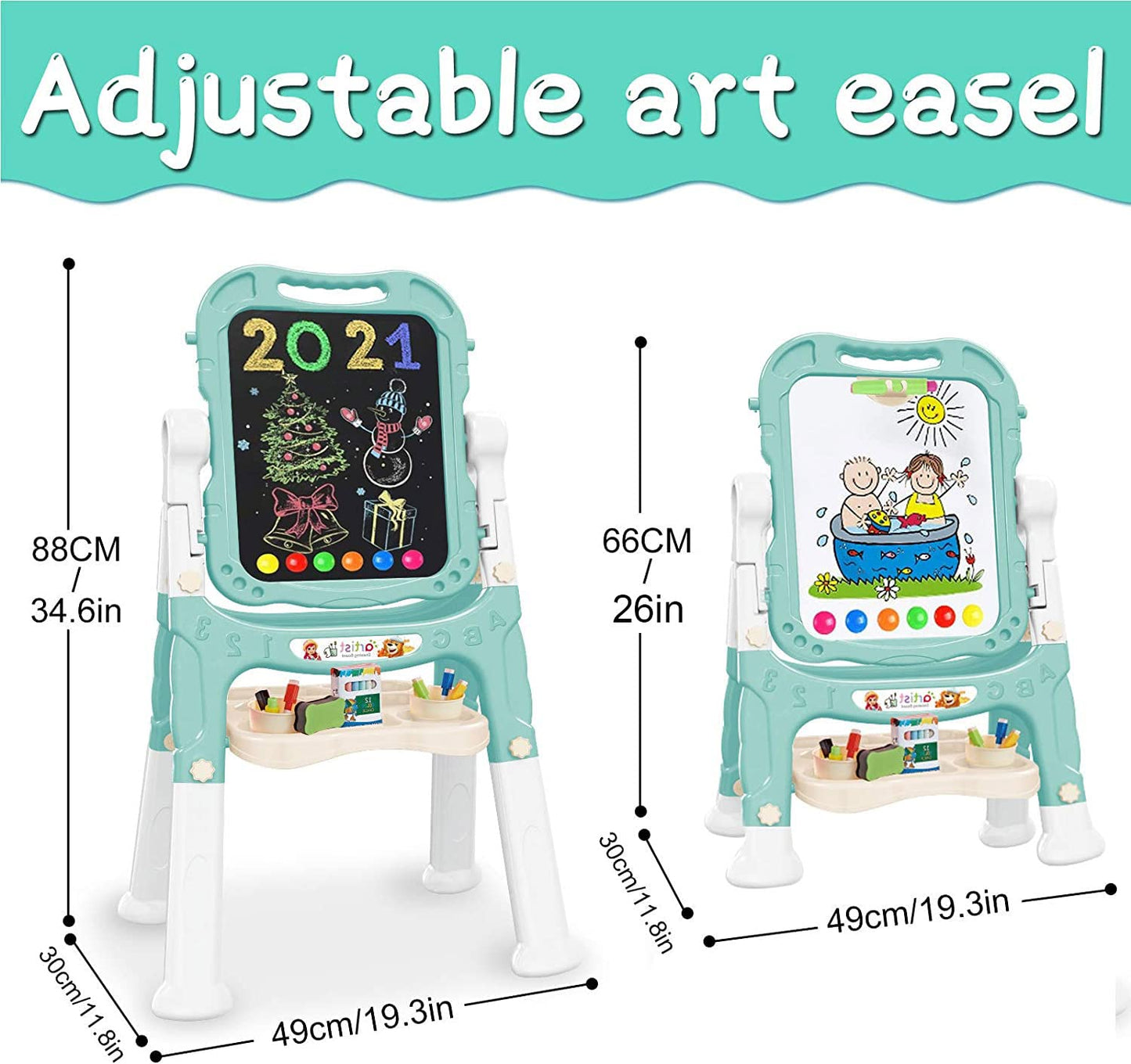 Mojitodon Easel for Kids,Rotatable Double Sided Easel for Kids Adjustable Standing Art Easel with Painting Accessories for Toddlers Boys and Girls-Green