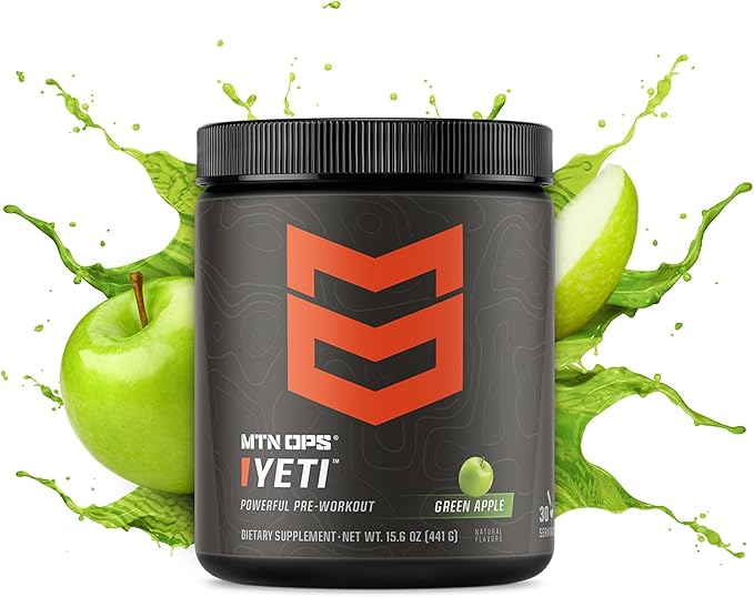 MTN OPS Yeti Pre-Workout Powder Energy Drink with Creatine, 200mg Caffeine & BCAAs with Beta Alanine, 30-Serving Tub, Green Apple