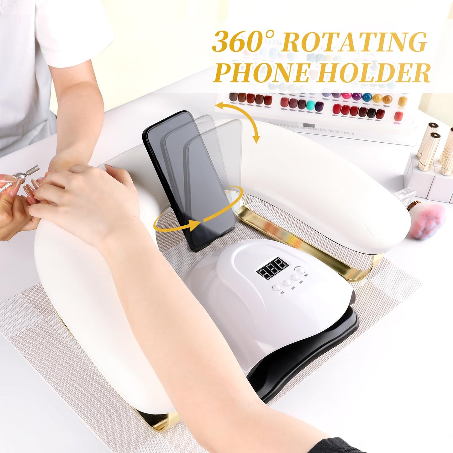Arm Rest for Nails Tech with Rotating Phone Holder, U-Shaped 10° Inclined Nail Arm Rest Pillow Cushion, Manicure Hand Rest Pad for Salon, Nail Tech School and Home DIY (White)