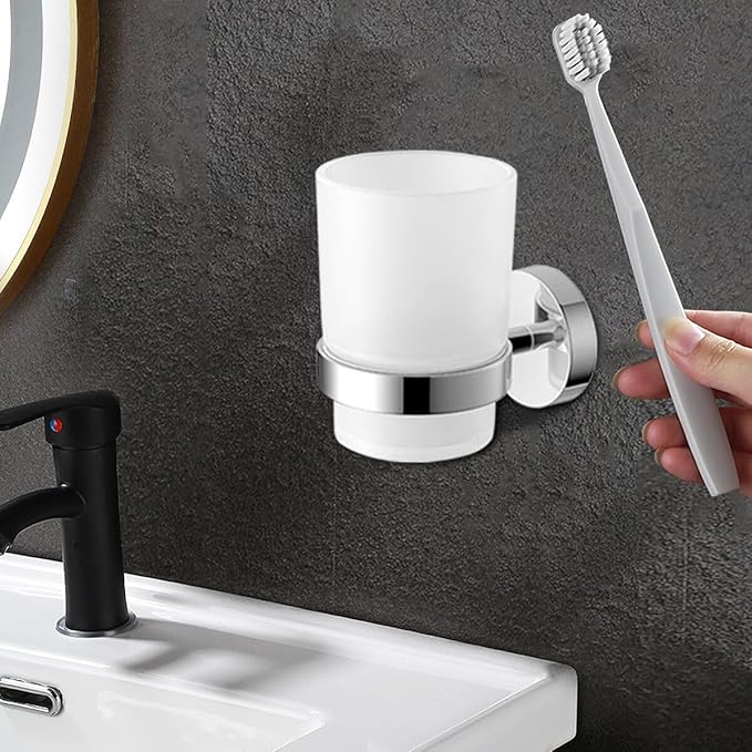 Toothbrush Holder Wall Mounted with Satined Cup with Chrome-Plated Holder,Metal Stainless Steel