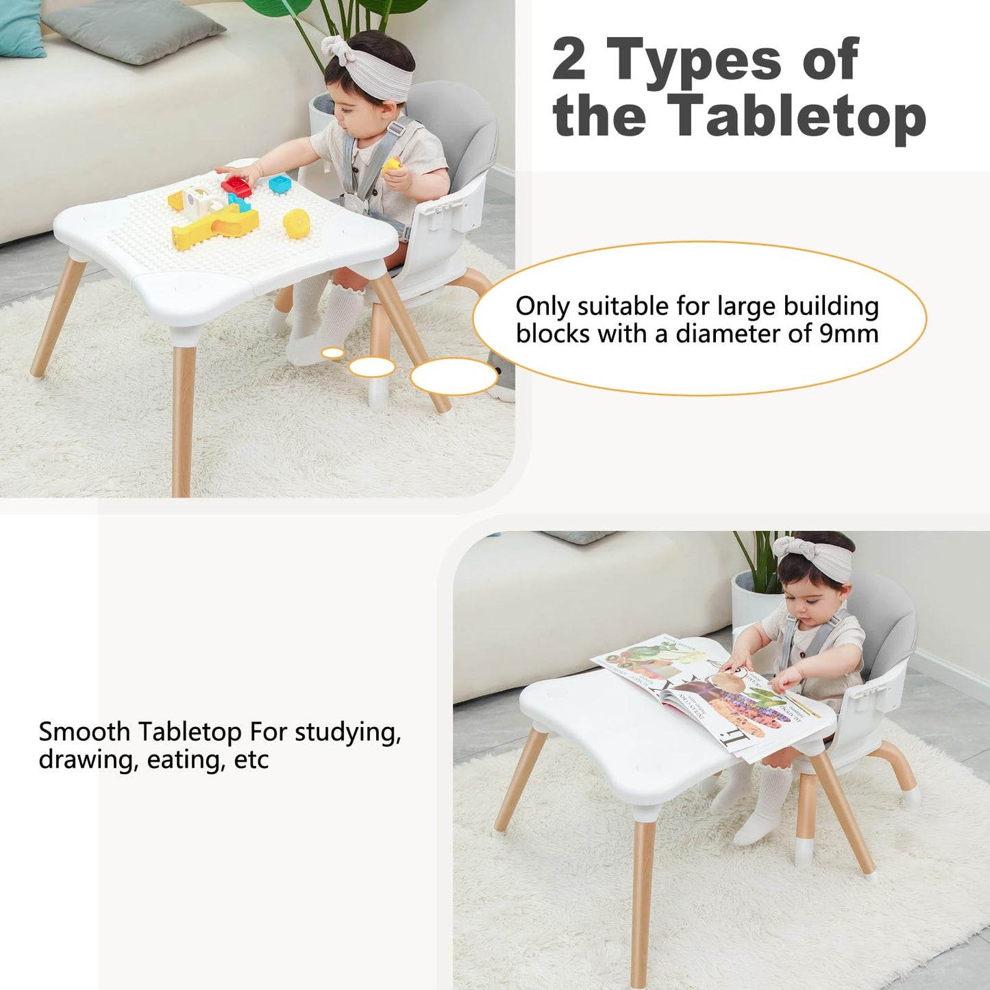 Komcot Baby High Chair, 7 in 1 Convertible High Chairs for Babies and Toddlers, Kids Learning Table, Building Block Table, Toddler Dining Chair with 360° Rotating Seat, 5-Point Safety Harness (Grey)