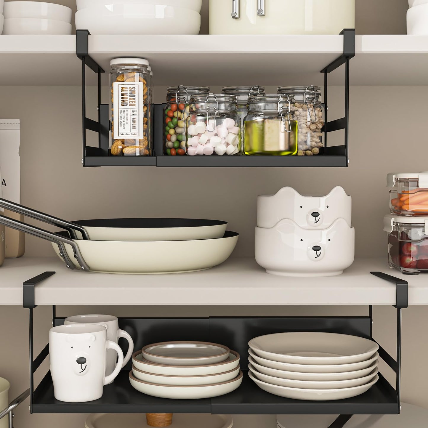 SHINEWON Expandable Under Cabinet Shelf Organizer with 0.94-Inch Thick Clips, Heavy Duty Extendable Under Shelf Storage Basket for Pantry or Laundry Room, Black, 1 Pack, Interior: 4.13" H x 8.54" D