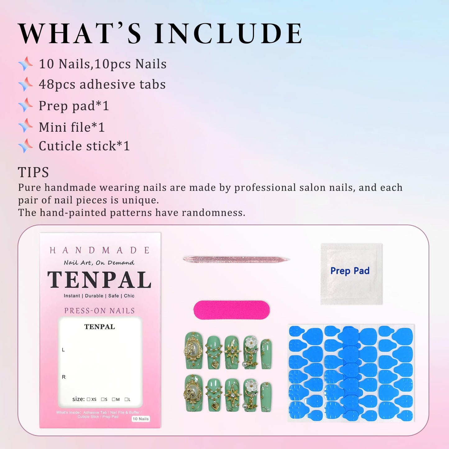 TENPAL Handmade Press on Nails Medium Square,Green Gold Gothic Angel Sweet Sexy Glitter Fake Nails Reusable Daily Wear Salon Acrylic False Nails for Women Girls 10PCS(L)