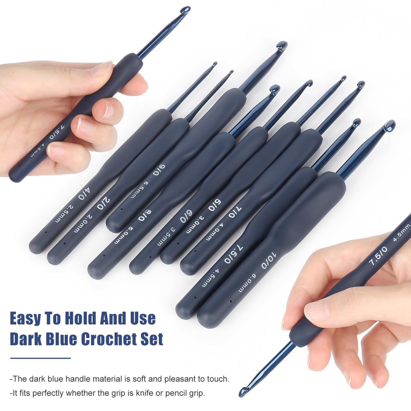 Coopay Dark Blue Crochet Hooks Ergonomic Soft Grips, 9PCS Crochet Set Aluminum Crochet Needle for Beginners/Professionals, Ergonomic Crochet Hook Set for Arthritic Hands, Ideal Crochet Accessories