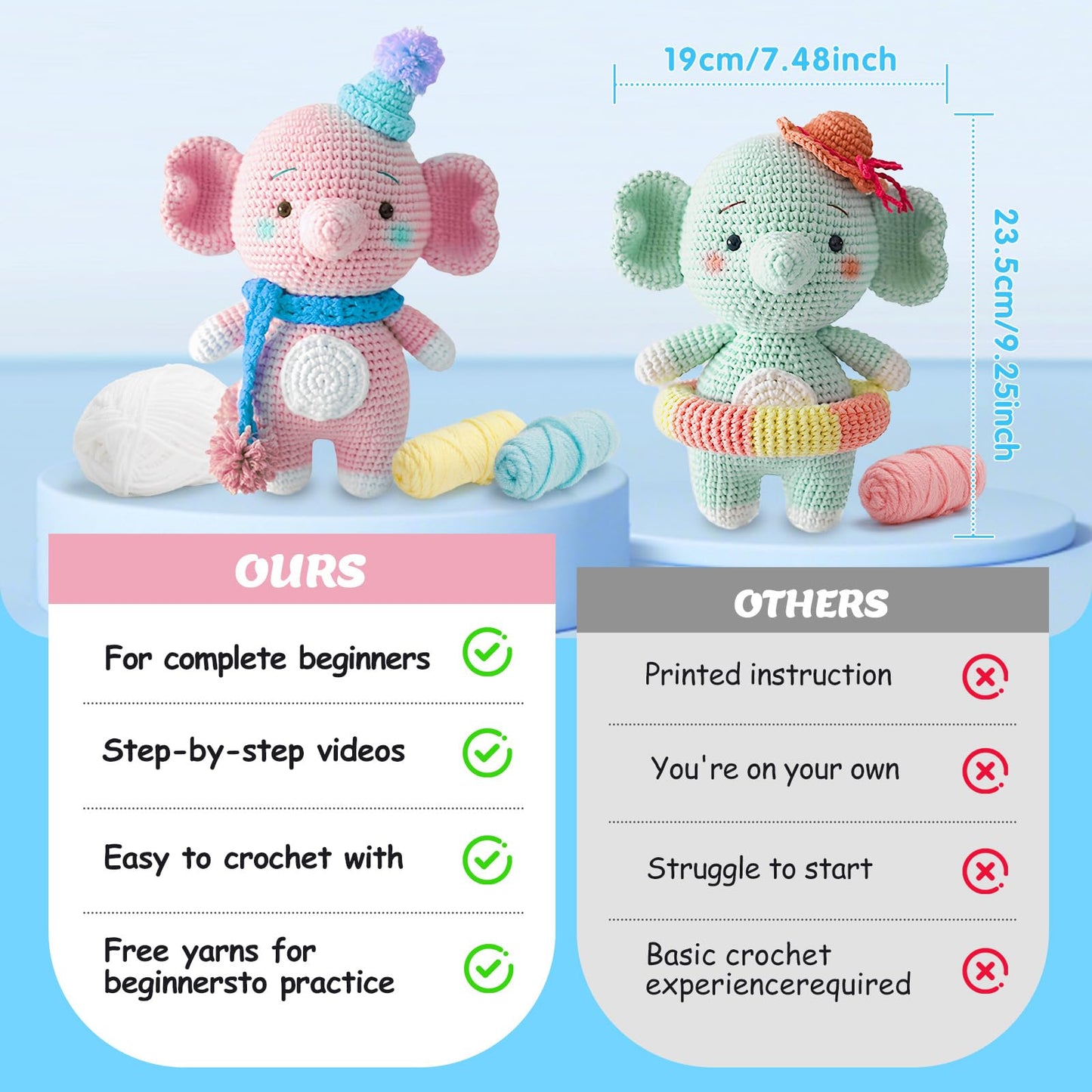 ISTORAGE Crochet Kit for Beginners, 2PCS Elephant Beginner Crochet Kit Crochet Starter Kit DIY Crochet Animals Kits Knitting Supplies, Easy Knitting Kit