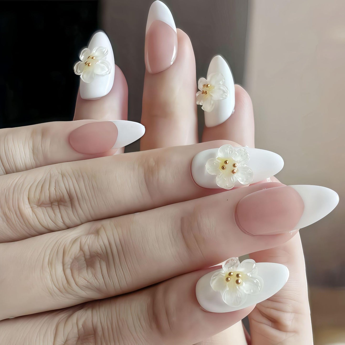 Handmade Press on Nails Medium Almond Fake Nails Press Ons White 3D Luxury Elegant Flower Full Cover Stick on Nails Glue on Nails for Women Girls Manicure (Clear White M)