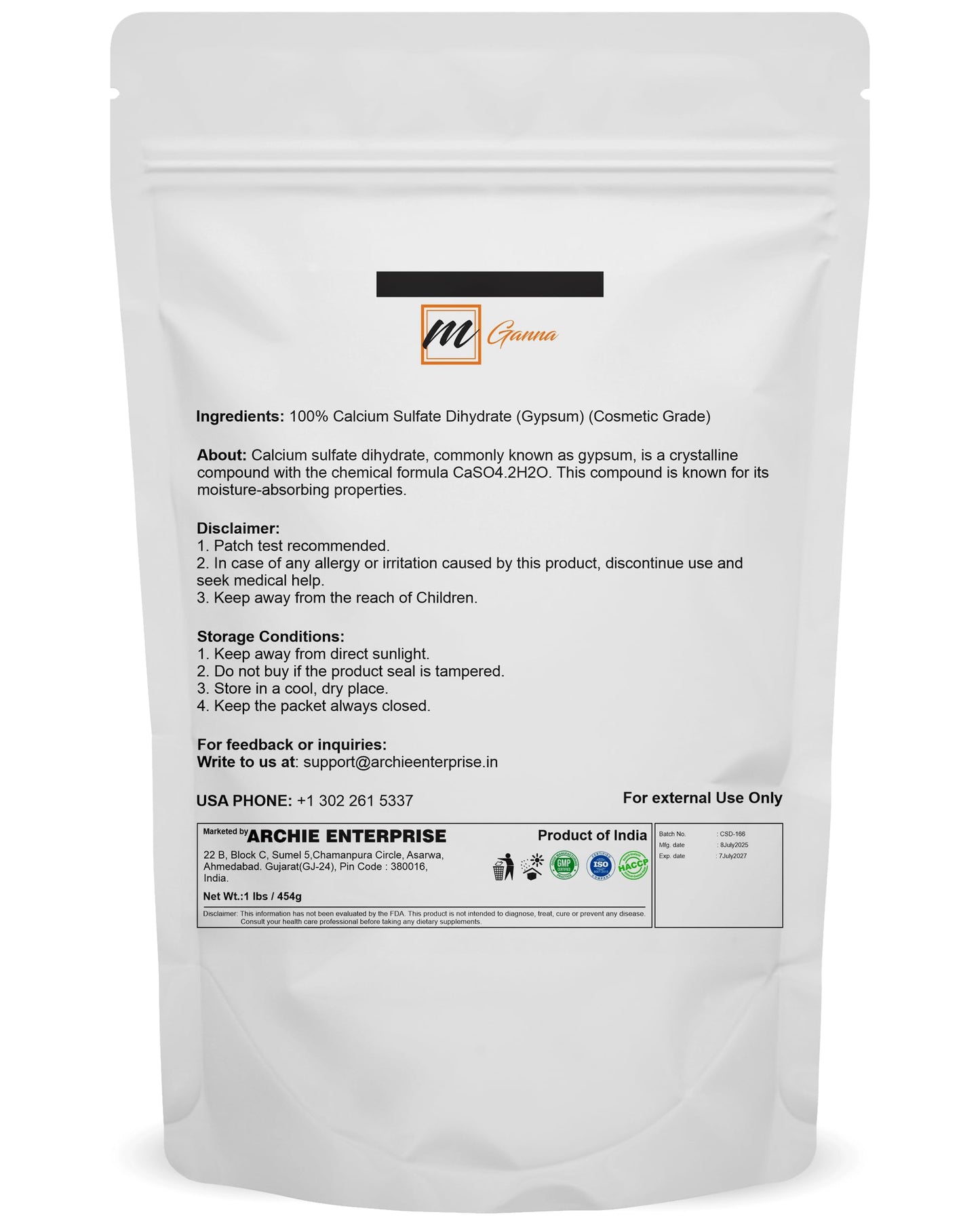 100% Pure Calcium Sulfate Dihydrate (Food Grade) - Gypsum Powder for Baking, Water Treatment and Cosmetic formulations 1 lbs / 454 GMS