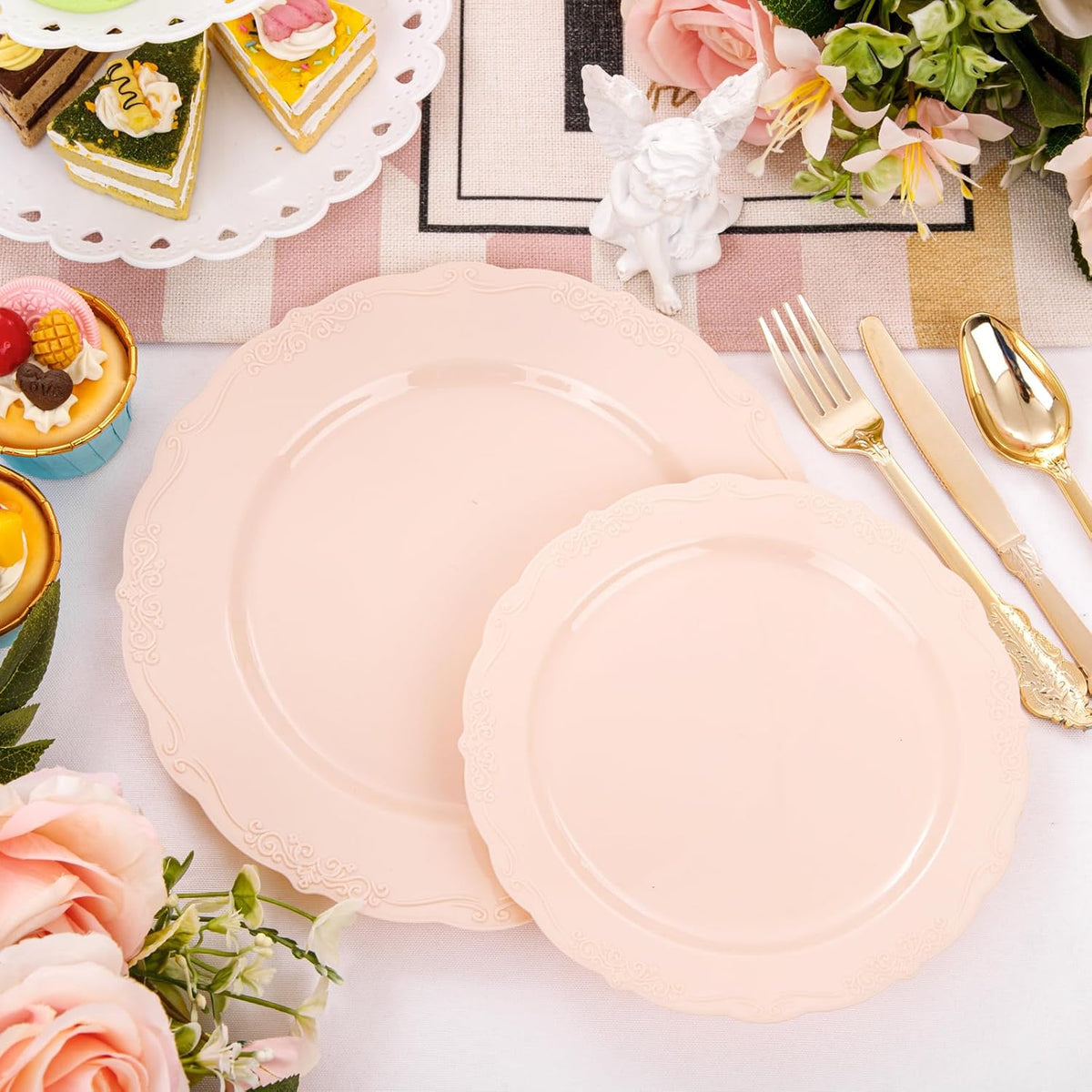 DaYammi 150Pcs Pink Plastic Plates & Gold Plastic Silverware,Pink Disposable Plates for Party Include 30 Dinner Plate,30 Dessert Plate,30 Gold Forks and 30 Spoons, 30 Knives for Wedding Bridal Shower