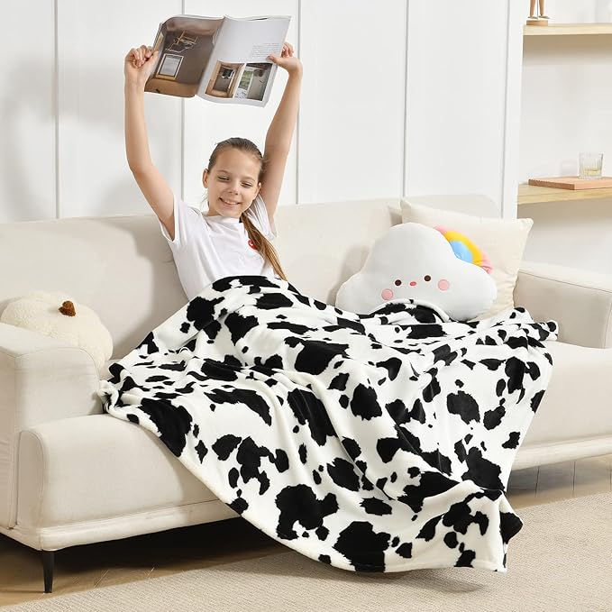 SOCHOW Cow Print Fleece Throw Blanket for Sofa Couch, Soft Lightweight Cozy Warm Home Decor Flannel Blanket, Cute Animal Blanket for Kids Boys Girls, Black 60 x 80 Inches