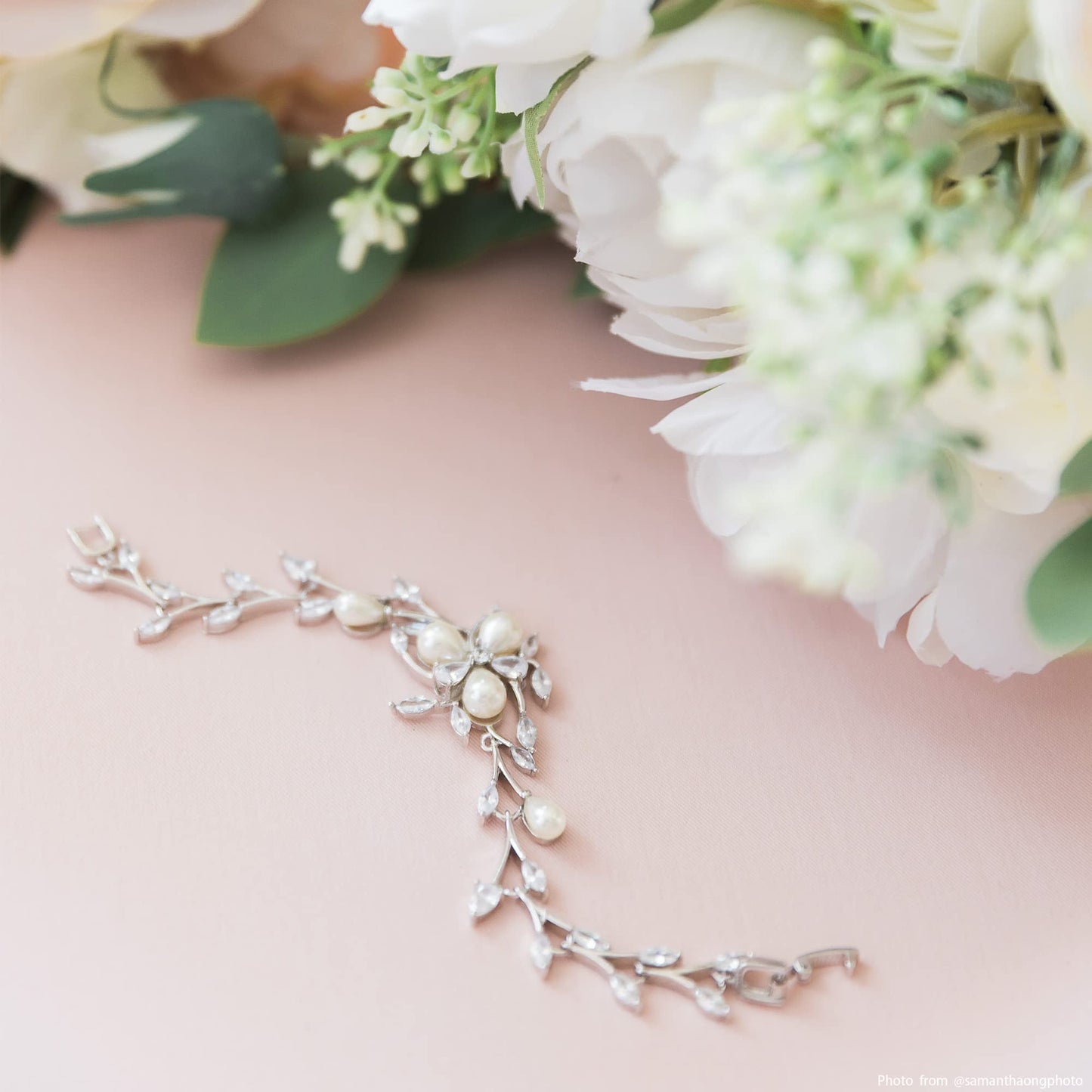 EVER FAITH Women's CZ Simulated Pearl Bridal Flower Leaf Filigree Tennis Bracelet Clear Silver-Plated-Brass