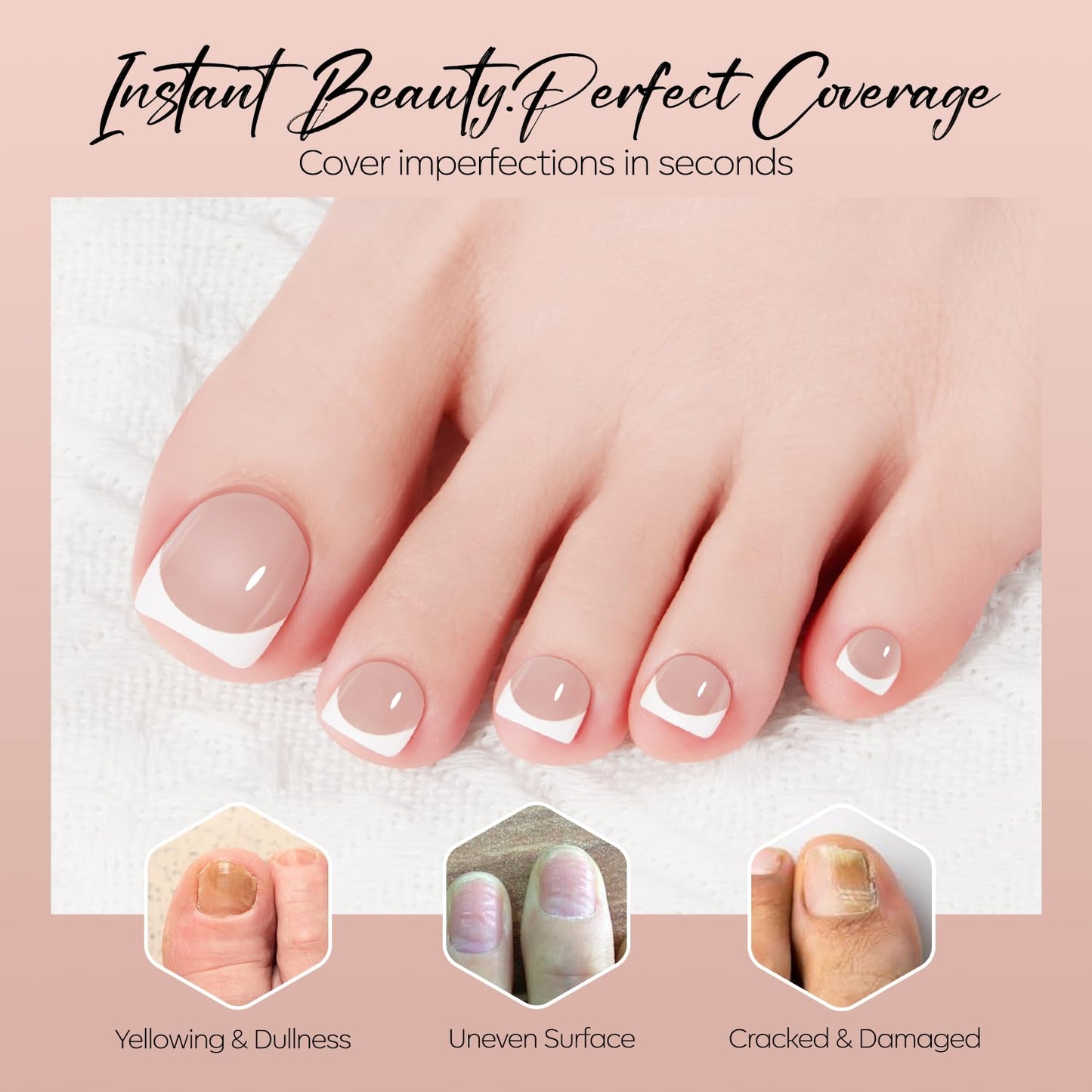 Modelones Press on Toenails Short, Bronze French Tip Toe Nails Square, Reusable Nail Kit with Nail Glue Adhesive Tabs Mini Nail File, Toe Nails 36Pcs 18Sizes, Summer Spring Women Girl Gift