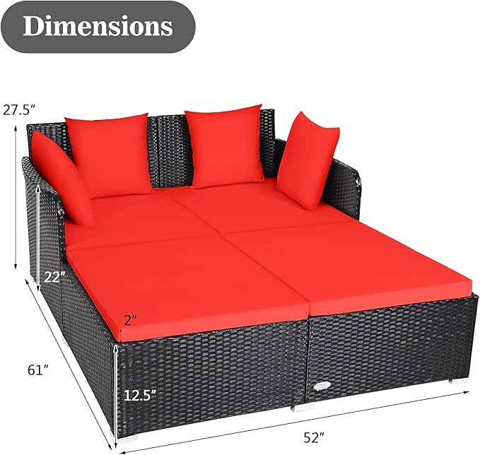 HAPPYGRILL Outdoor Rattan Daybed Patio Loveseat Sofa Set with Padded Cushion Pillows and Sturdy Aluminum Foot, Wicker Patio Furniture for Garden Porch Poolside