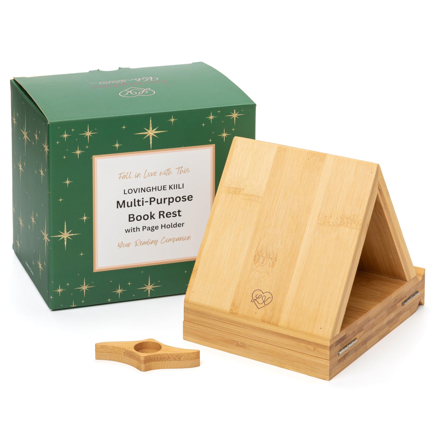 Bamboo Triangle Book Rest - Foldable Desk Stand, Book Nook Reading Valet, Gift for Readers with Free Page Holder, No Assembly Required (Natural)