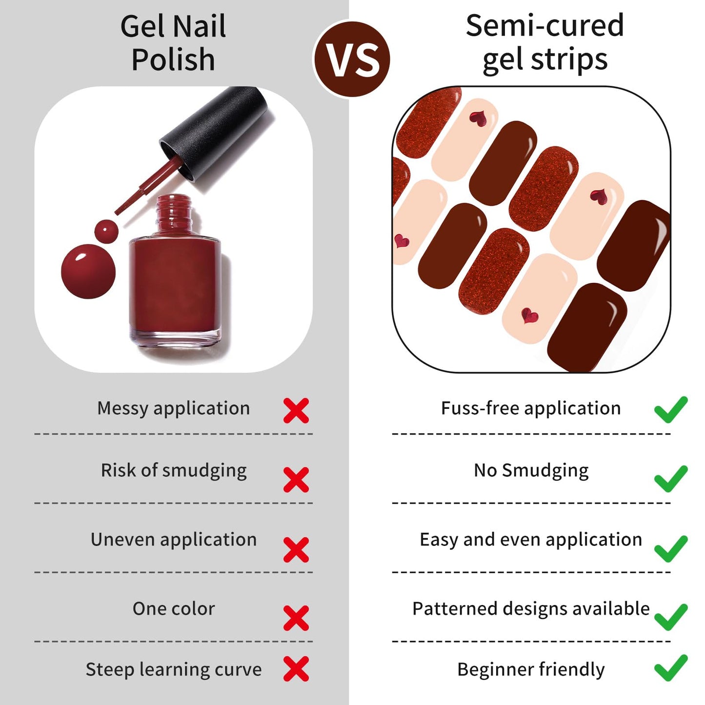 Semi Cured Gel Nail Strips - Dark Brown Heart Pink-Stylish Nail Wraps, No UV Light Needed, Effortless Application & Removal, Salon Quality, Includes 16 Wraps, 1 Prep Pad, Wooden Stick & Nail File