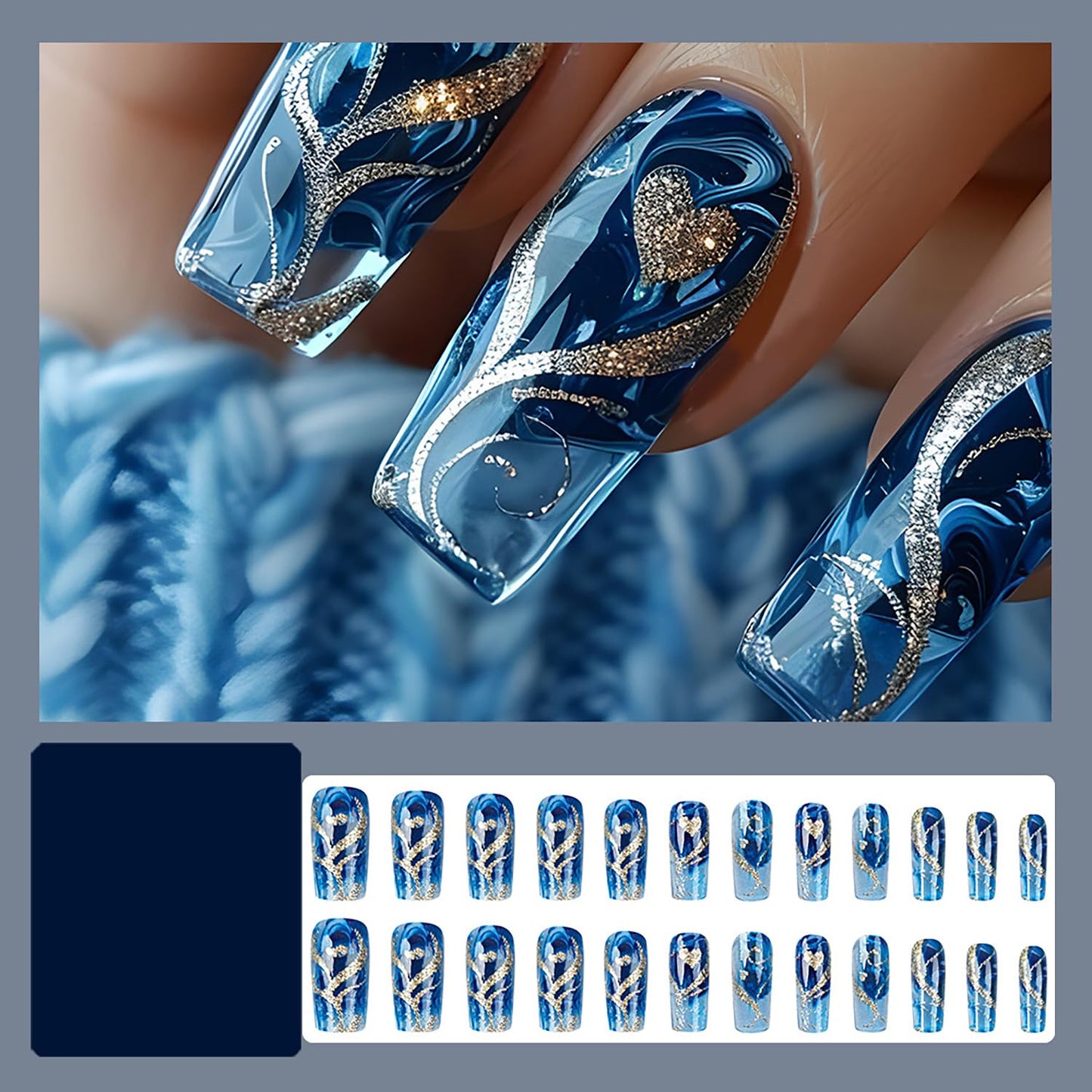 24Pcs Medium Press On Nails Square Fake Nails Press Ons With Glitter Heart Swirl Design Blue False Nails Full Cover Glossy Stick On Nails Reusable Acrylic Glue On Nails For Women Manicure Decor