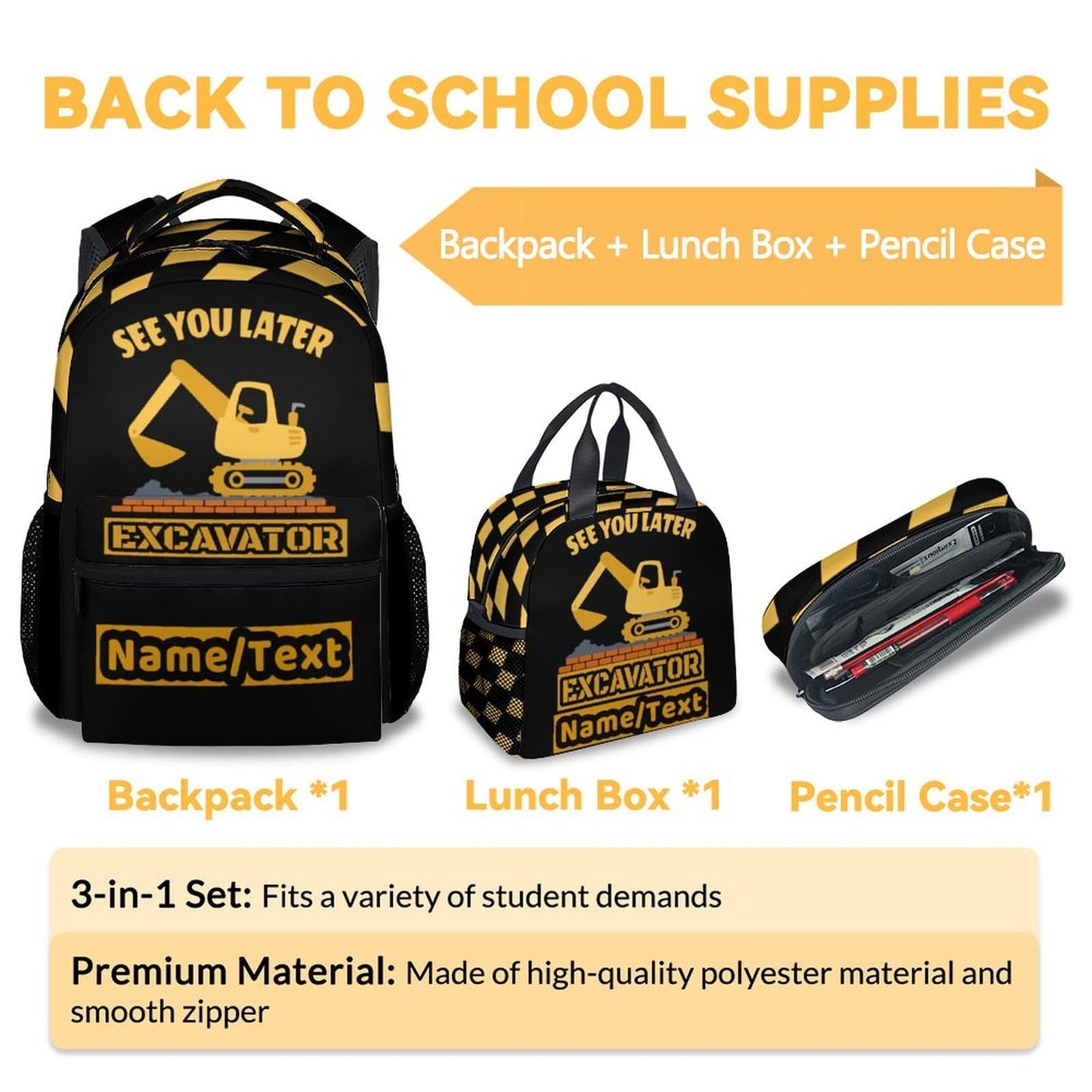 PoshWrap Personalized Excavator Backpack with Lunch Box - Set of 3 Custom Backpacks Matching Combo - Utility Black Bookbag and Pencil Case Bundle