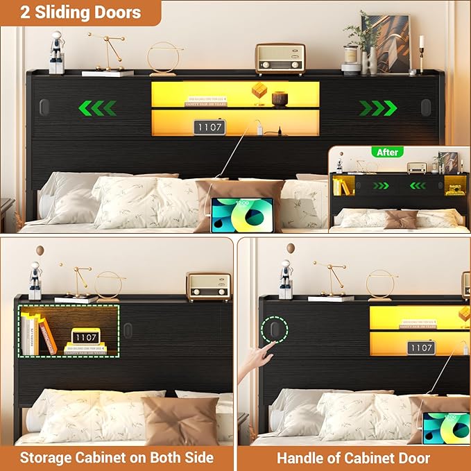 Homieasy Headboard for King Size Bed with Storage, Sturdy Bookcase Headboards with Outlet, USB & LED Light, King Size Headboard Only, Head Board with Sliding Doors & Bed Adapter for Bedroom, Black