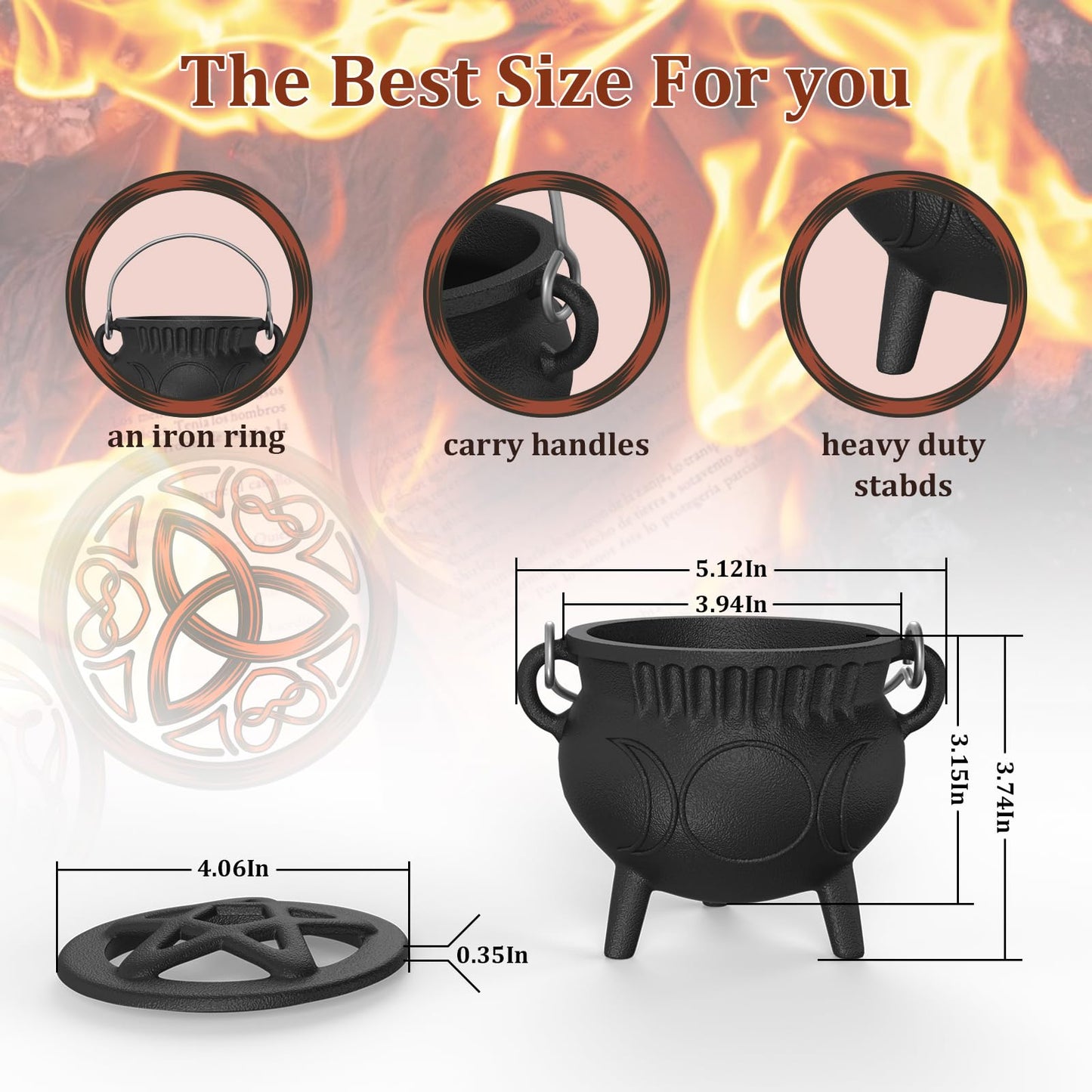 Cast Iron Cauldron with Lid & Handle, Small Triple Moon Cast Iron Cauldron Pot, Incense Burner Witchcraft Ideal for Cooking, Smudging, Ritual Purpose, Sage, Halloween Decoration