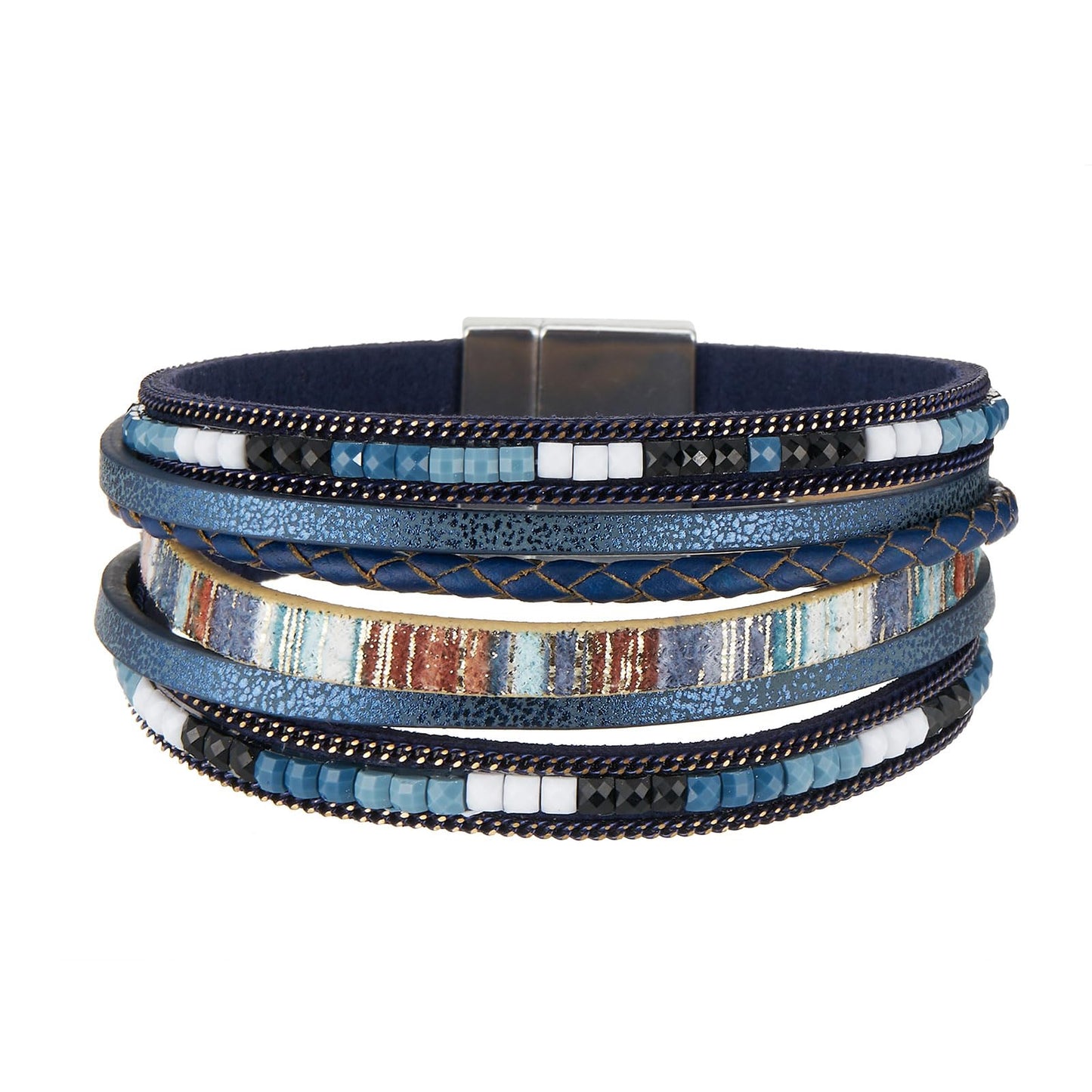 QIUTIMIY Leather Bracelets for Women Trendy Boho Cuff Bracelet Layered Bangle with Clasp Hand Wrist Jewelry Western(Style 1-Navy)
