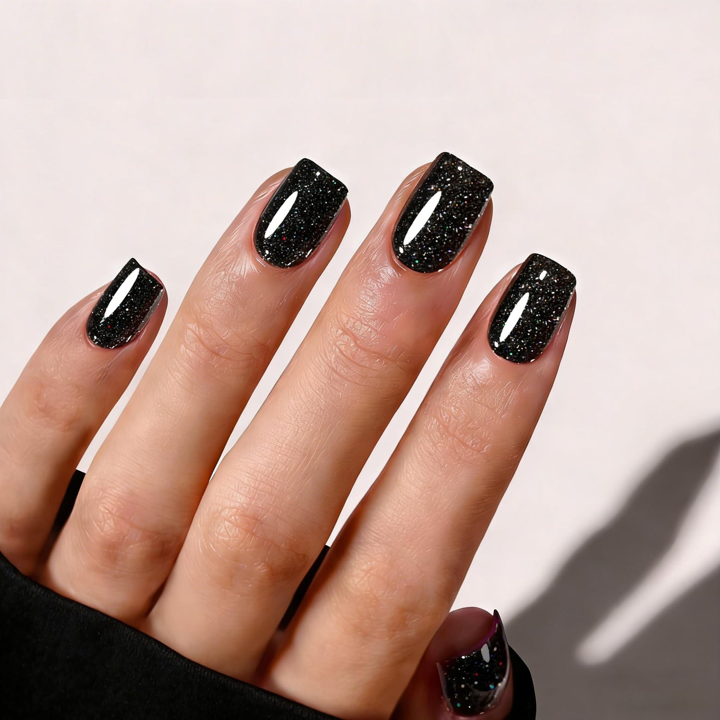 Black Press On Nails Square Glitter -Short Press On Nails with Nail Glue, Fit Perfectly & Natural Reusable Stick On Nails in 12 Sizes - 24PCS Soft Gel Glue On Nails Kit