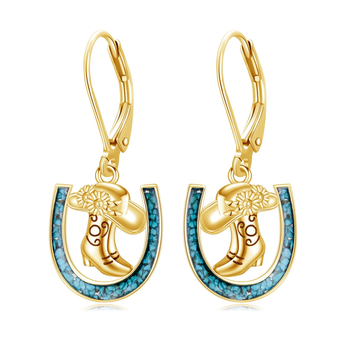 YYmqmq Gold Cowboy Boot Earrings for Women 925 Sterling Silver Turquoise Horseshoe Dangle Earrings Leverback Western Jewelry Gifts for Women Girlfriend Cowgirl