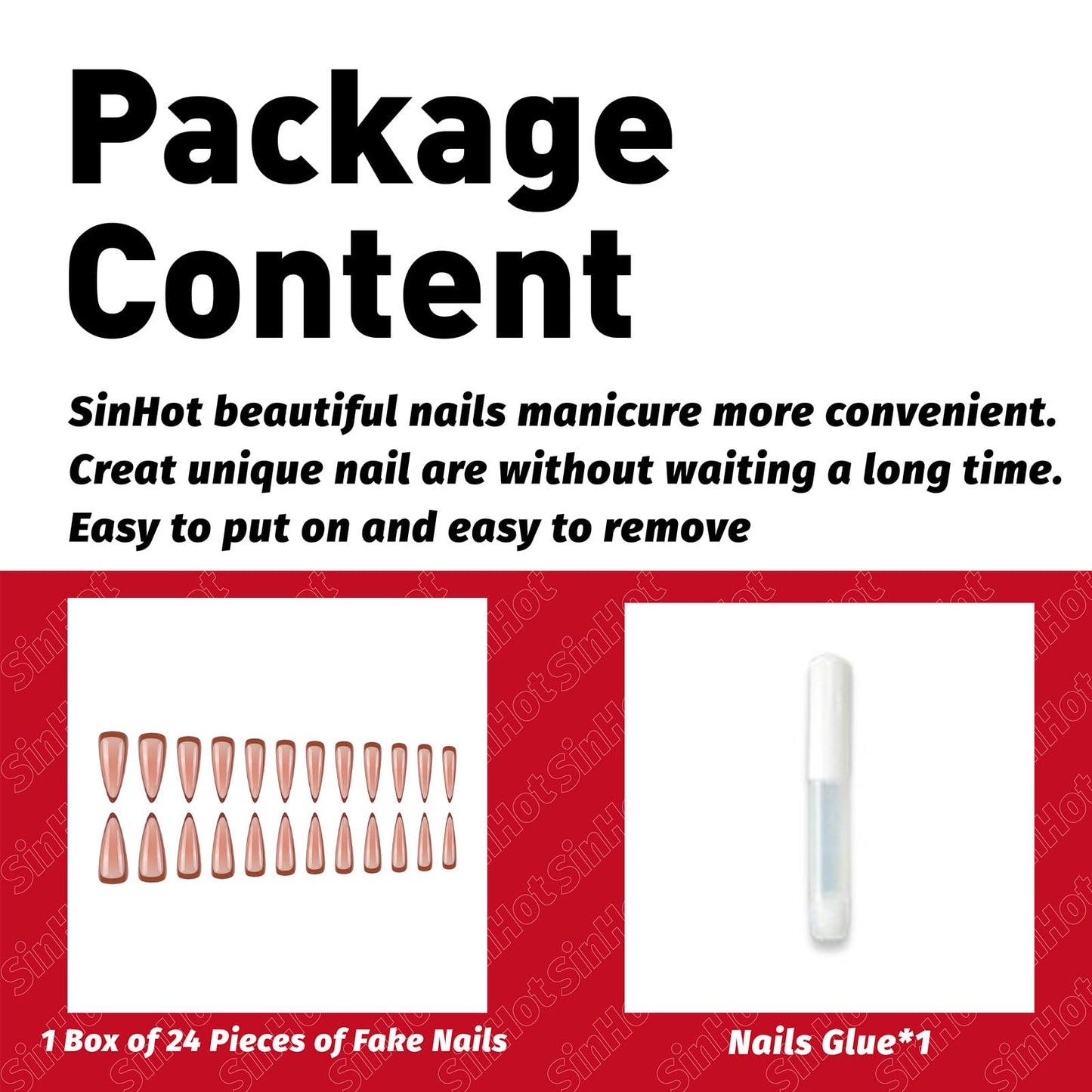 SINHOT Stiletto Press on Nails - Long Fake Nails, Glossy Finish, Nude Pink Ombre & Brown Edge, DIY Artificial False Nail Art - 24 Pcs Nail Kit with Glue