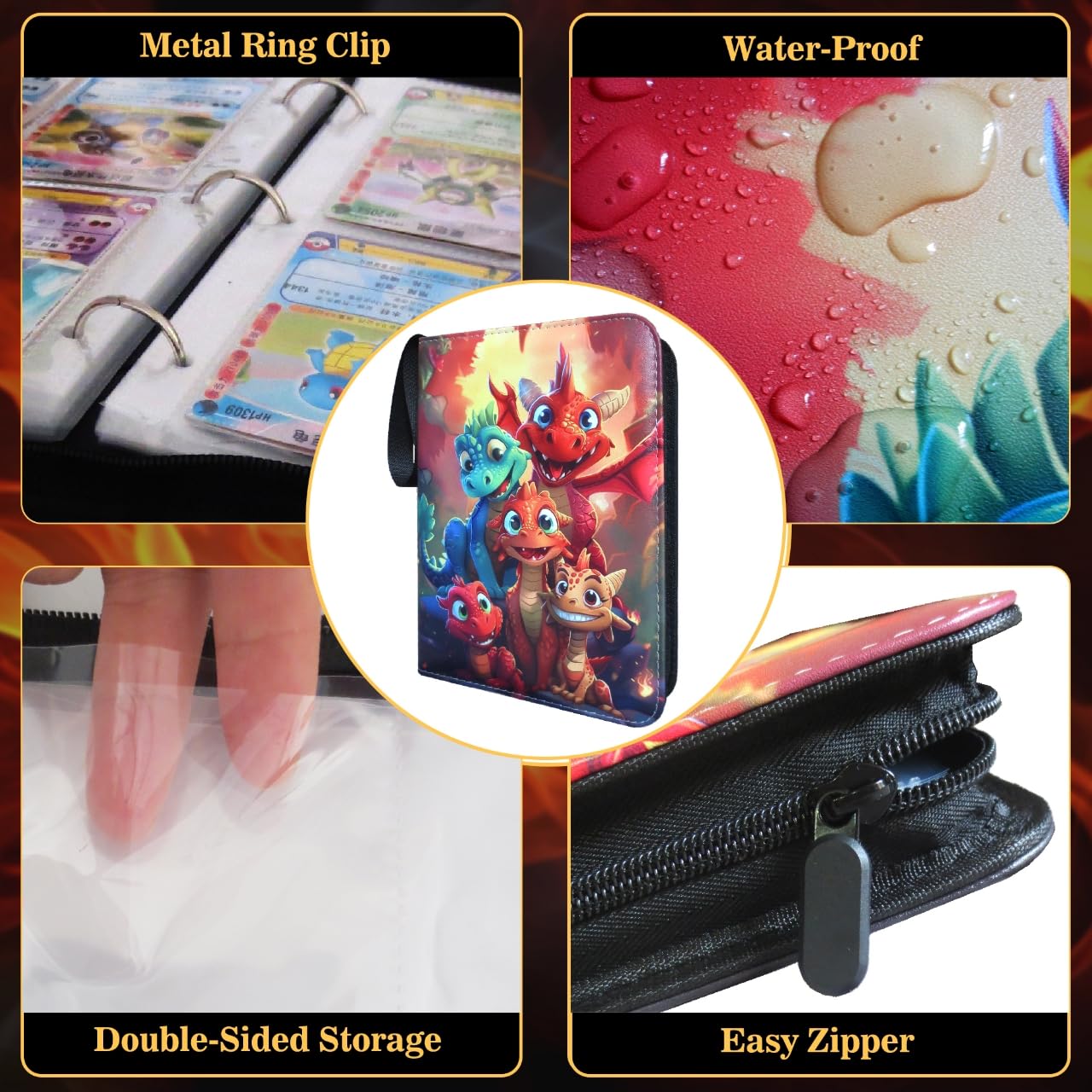 Trading Card Binder 400 Cards, 50 Removable 4-Pocket Pages, Zippered PU Leather for MTG/Sports/TCG, 3-Ring Expandable, Bold Fire Cover (Enhanced Durability Edition)