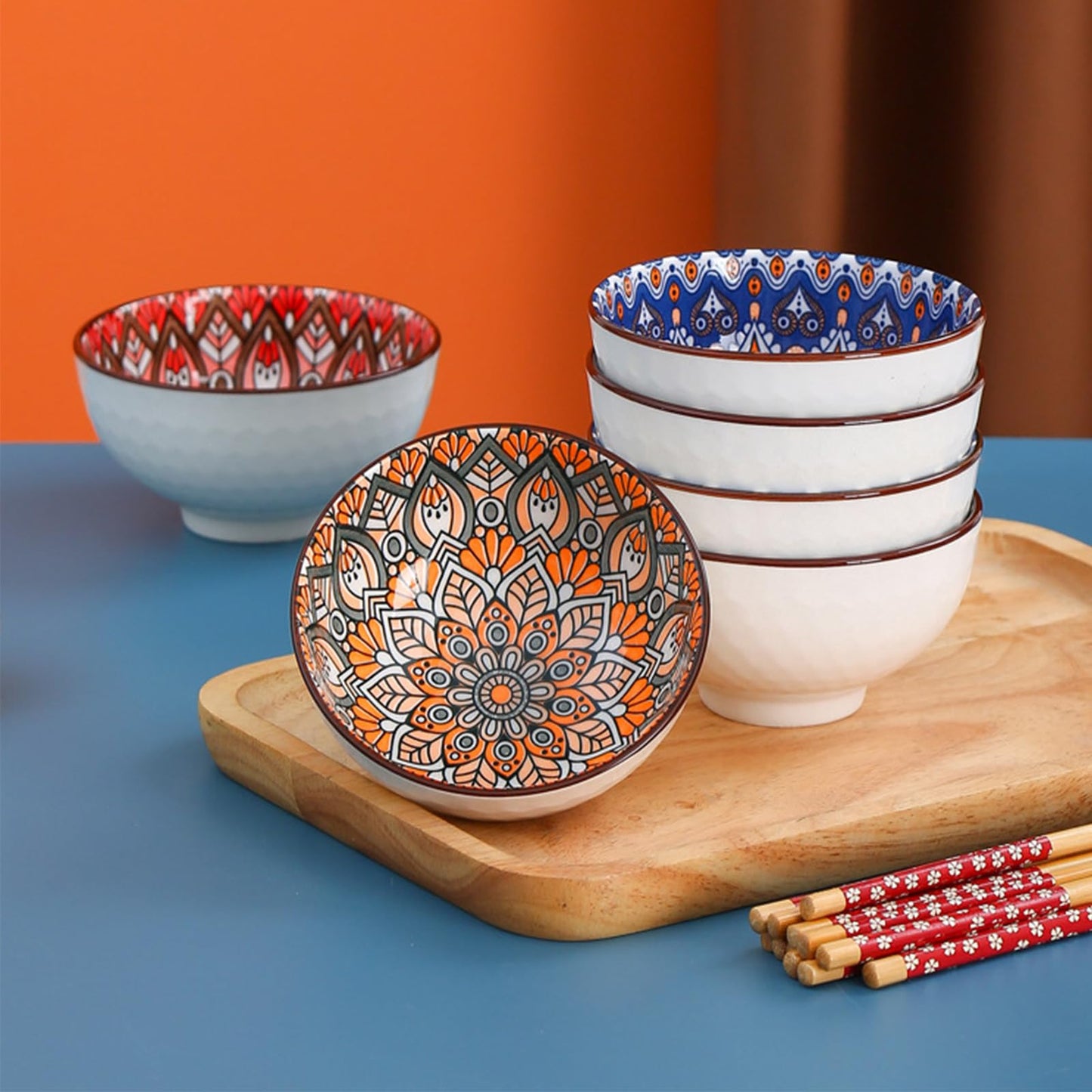 AQUGOO 4 Pcs Ceramic Bowls Set, Bohemian Style Colorful Bowl, Ceramic Rice Bowls 10 oz, New Year Gift Set, Housewarming Gift, Dishwasher & Microwave Safe Bohemian Bowls Sets