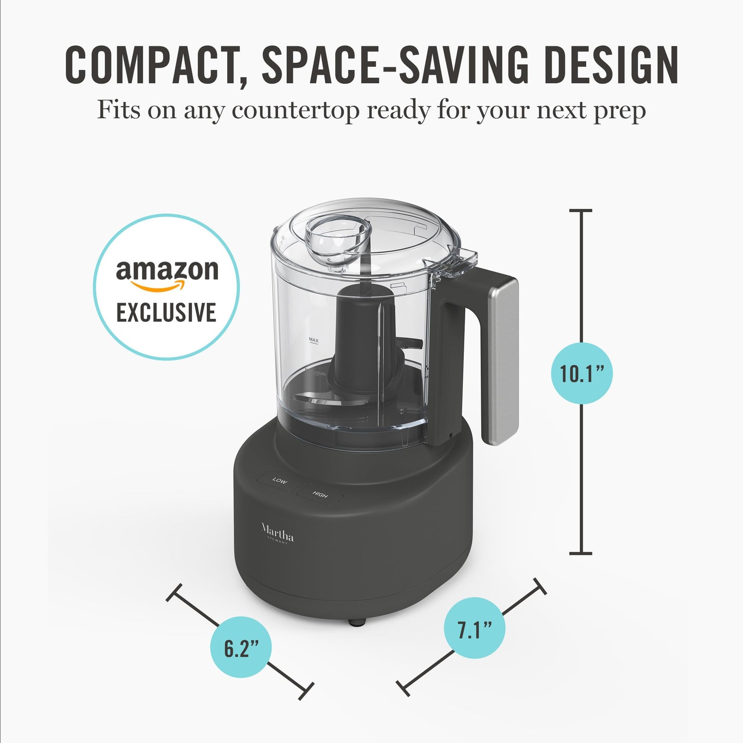 Martha Stewart 3 Cup Food Processor, Electric Vegetable Chopper, Stainless Steel Blades, 24oz BPA-Free Bowl, Pour Spout, Dicing, Mincing, Chop & Puree, Dishwasher Safe, Oil Chute, Easy-Clean, Caviar