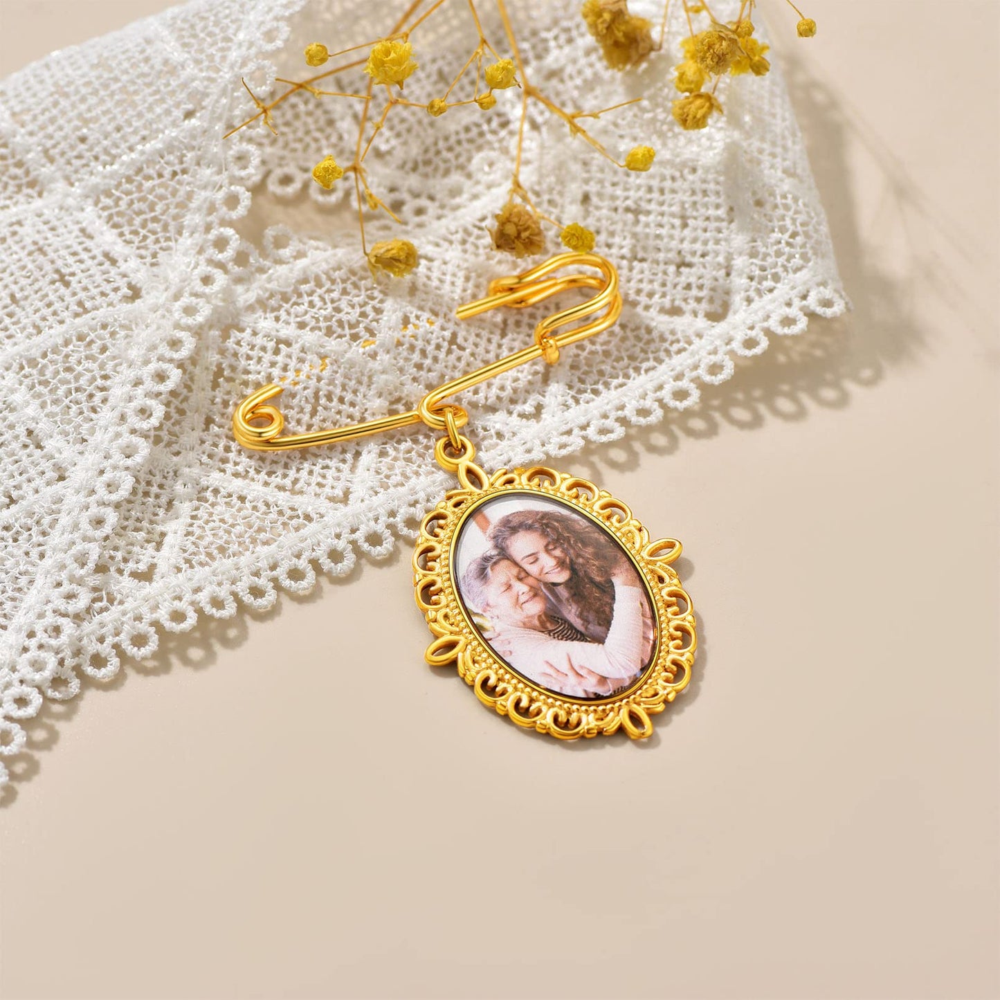 Custom4U Memorial Charm for Wedding Bouquet Oval Shaped Memory Charms Brooch Pins Funeral Boutonniere with 2 Pictures Engraved