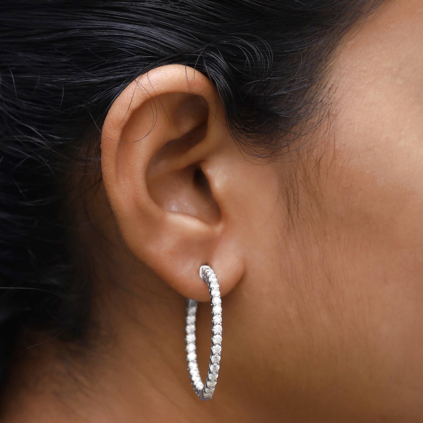 Inside Out Hoop Earrings for Women Round Lab Created Moissanite or Lab Grown Diamond Hoops in 14k White Gold Plated 925 Sterling Silver Fine Jewelry