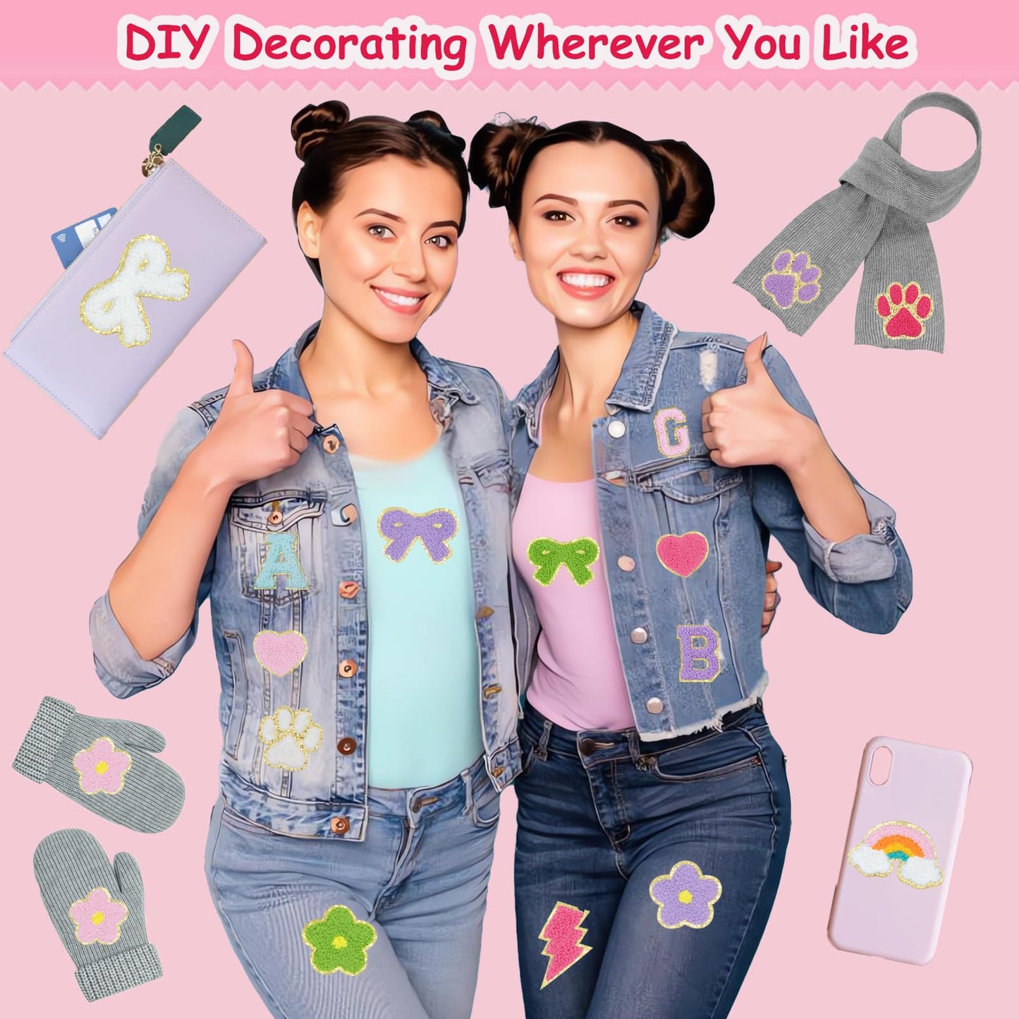 86 Pcs Chenille Letter Patches Self Adhesive Iron On Patches for Clothes,Include 52 A-Z Varsity Alphabet,34 Cute Pattern Chenille Patches for DIY Clothing,Bags,Hats,Embroidered Repair