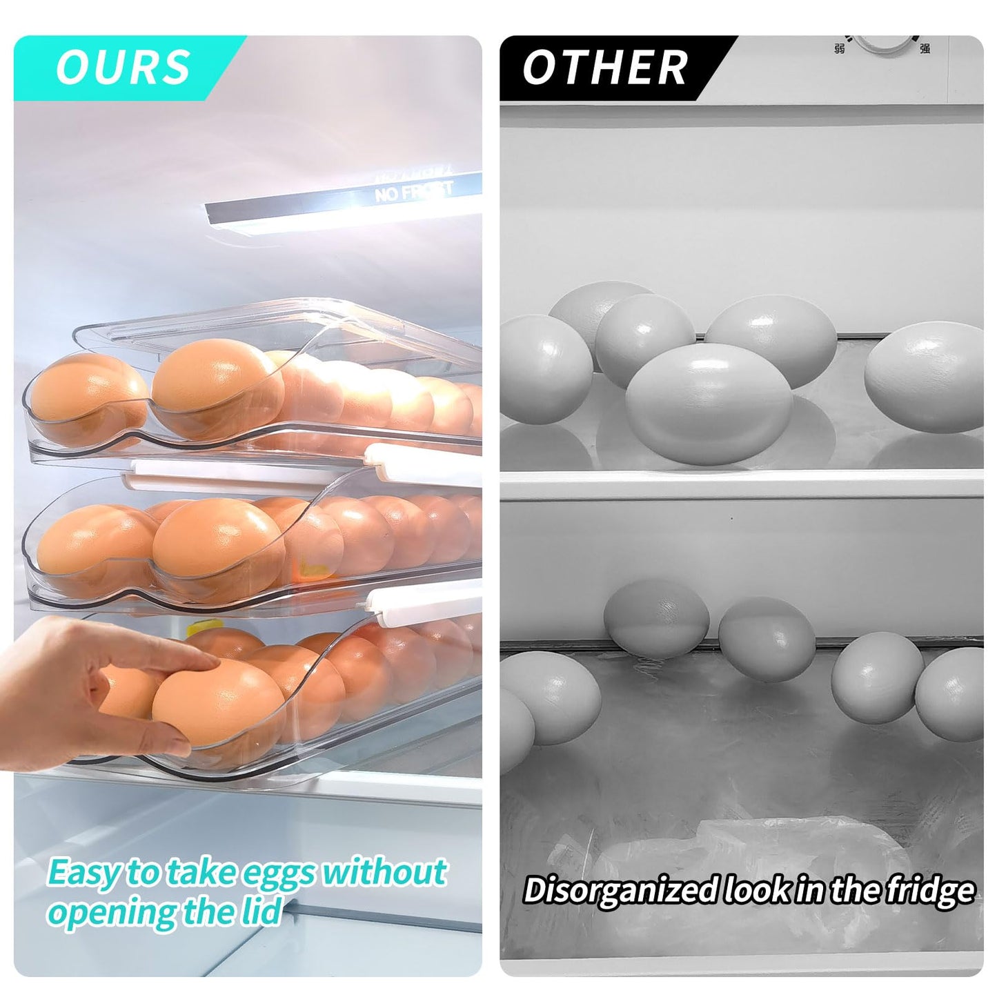 RoskDeewat Egg Holder for Fridge, Automatic Rolling Egg Container for Refrigerator, Stackable Fridge Organizers and Storage with Lid, Clear Plastic Egg Dispenser & Tray (2 Tier)