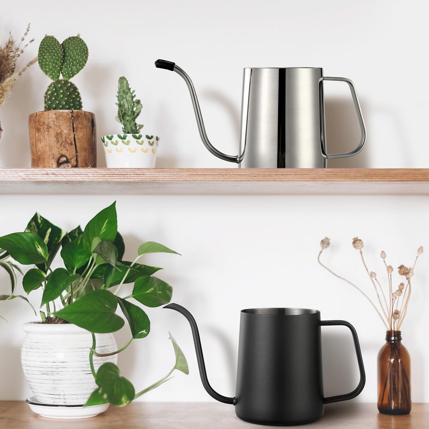 Small Watering Can Indoor Plants - 20 oz Mini Stainless Steel Watering Can with Long Spout Rust-Proof Tiny Metal Watering Can for Small House Plants Flowers Home & Office Black
