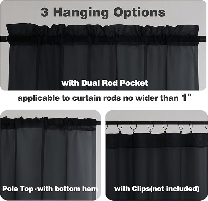 Chyhomenyc Black Sheer Curtains 96 Inches Long 2 Panels, Light Filtering Black Curtains for Living Room, Soft Gentle Voile Rod Pocket Bedroom Window Drapes, 59Wx96L Inch, 2PCS