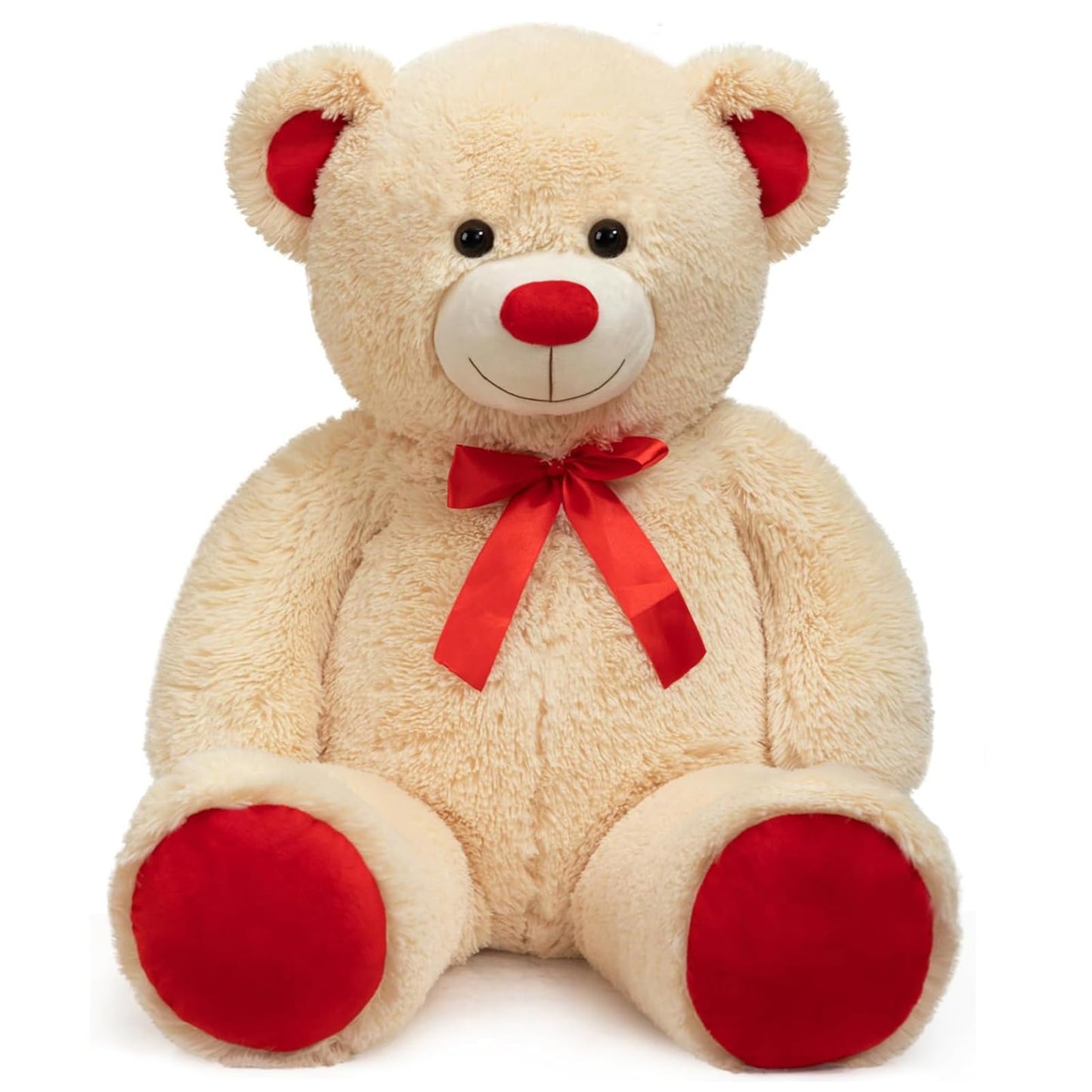 WENMOTDY Huge Teddy Bear Stuffed Animal Giant Teddy Bear Plush with Red Ribbon Bow Day Plush Toy Gift for Girlfriend and Kids 36 inch Beige