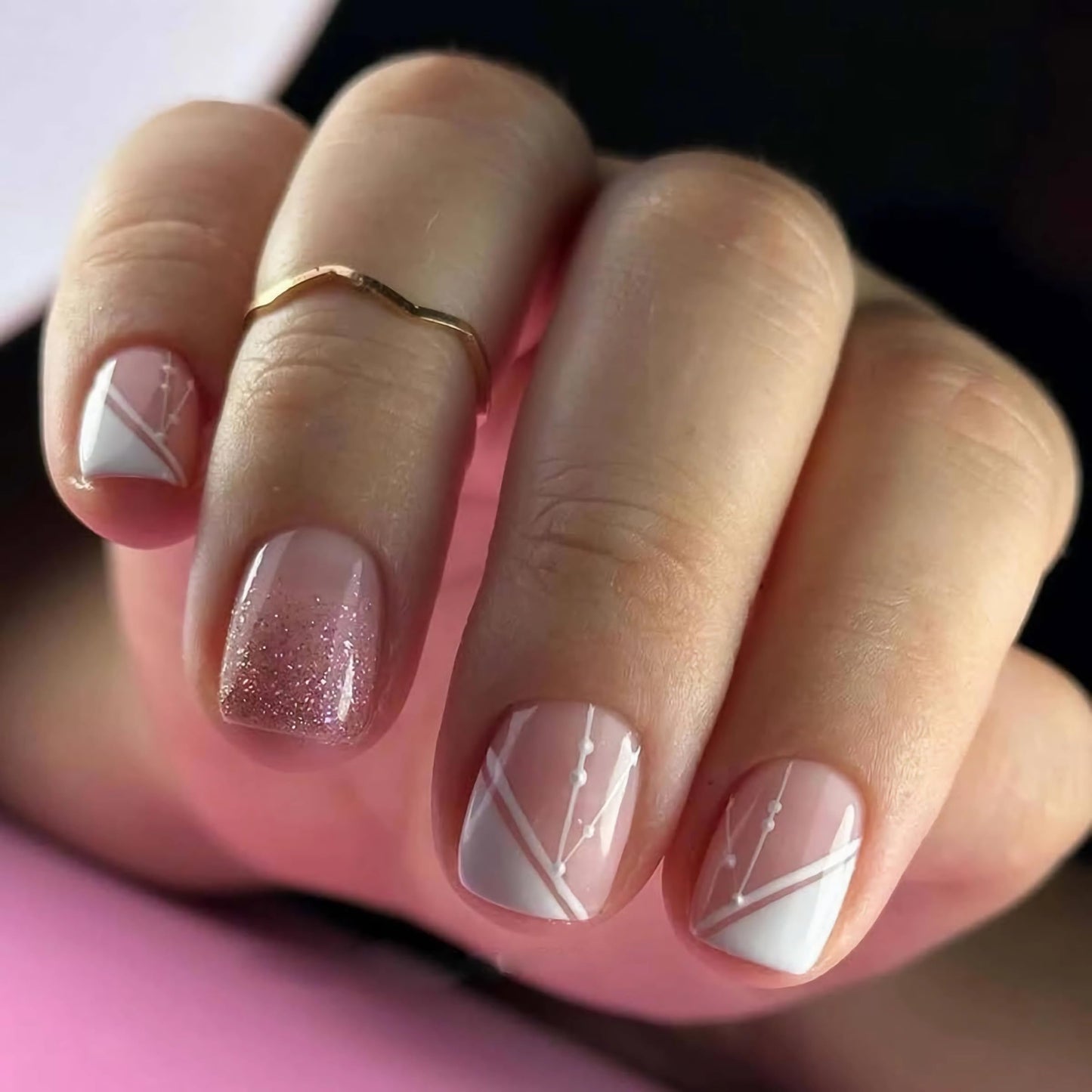 BABALAL Press on Nails Short Square Fake Nails White French Tip Glue on Supplie Design Art 24Pcs Gold Bling Full Cover Acrylic False Nails