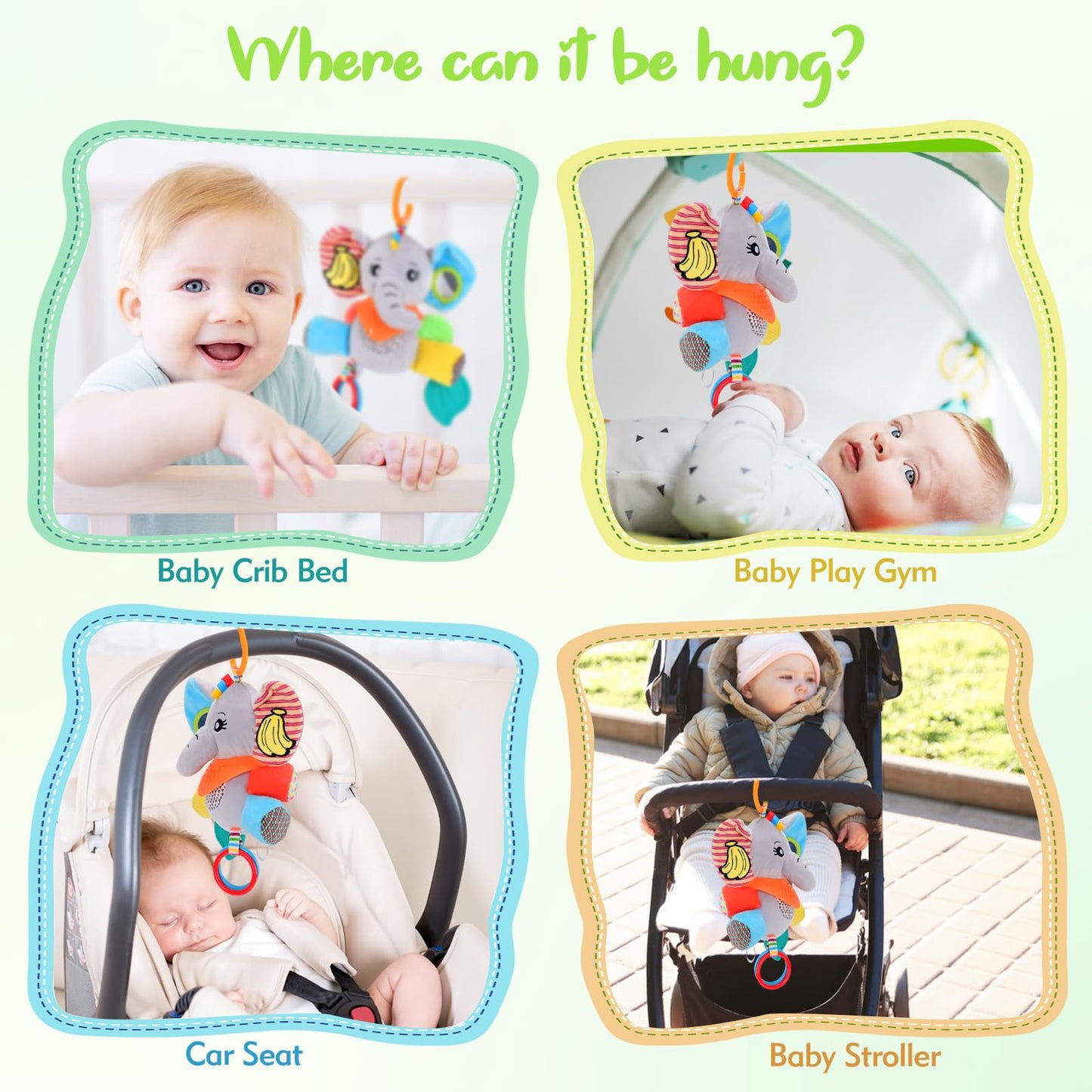 CaftyMids Baby Toys 0-6-12 Months: Elephant with Detachable Touch-Sensitive Sound Box (30 Sounds), Removable Bib, Teether, Rattle, BB Squeaker, Mirror | Attaches to Strollers, Car Seats, Carriers