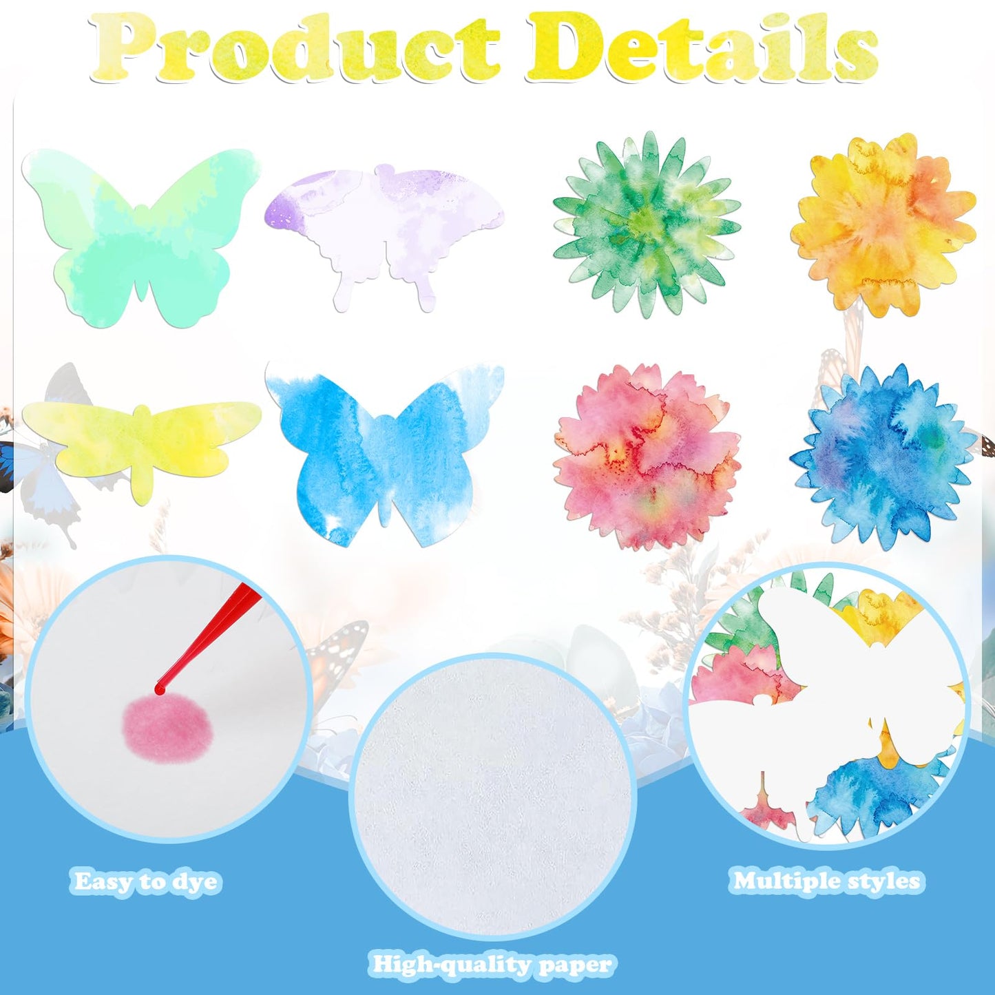 Tinlade 96 Pcs Color Diffusion Paper Spring 6'' Butterfly Flower Shapes Diffusing Tissue Papers Set Back to School 8 Shape Watercolor DIY Painting Craft for Classroom Art Project Supplies Party Favor
