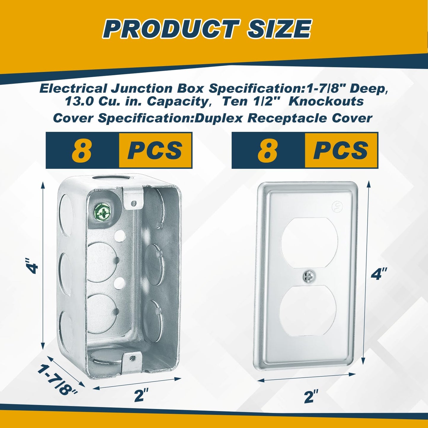 Copkim 8 Set 4 x 2 Inch Electrical Junction Box with Cover Square Plenum Box Galvanized Steel Metal Outlet Boxes, Ten 1/2'' Knockouts, 1-7/8" Deep, 13 Cu. in. Capacity (Duplex Receptacle Cover)
