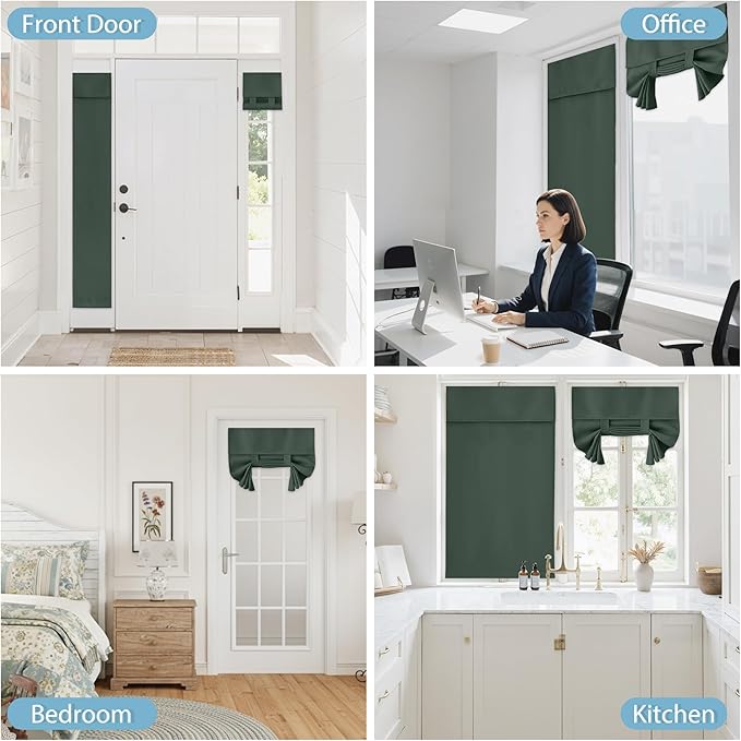 RYB HOME French Door Curtain - Privacy Blackout Door Shades Self Sticky Thermal Insulated Vertical Blinds Tricia Drapery for Sidelight Curtain, W26 x L40 inch, 1 Panel, Dark Green